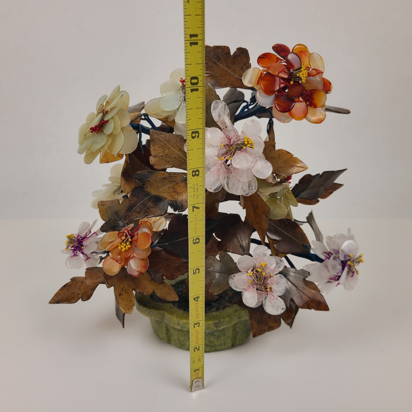 Vtg MCM Carved Agate Jade Quartz Bonsai Tree Flower Blossom Plant 11″ Tall Asian