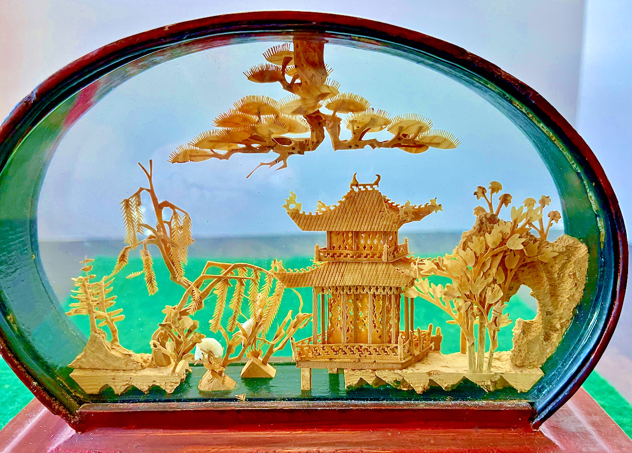 Vintage Chinese San You Cork Carving Diorama w/Pagod Trees & Cranes Wooden Stand