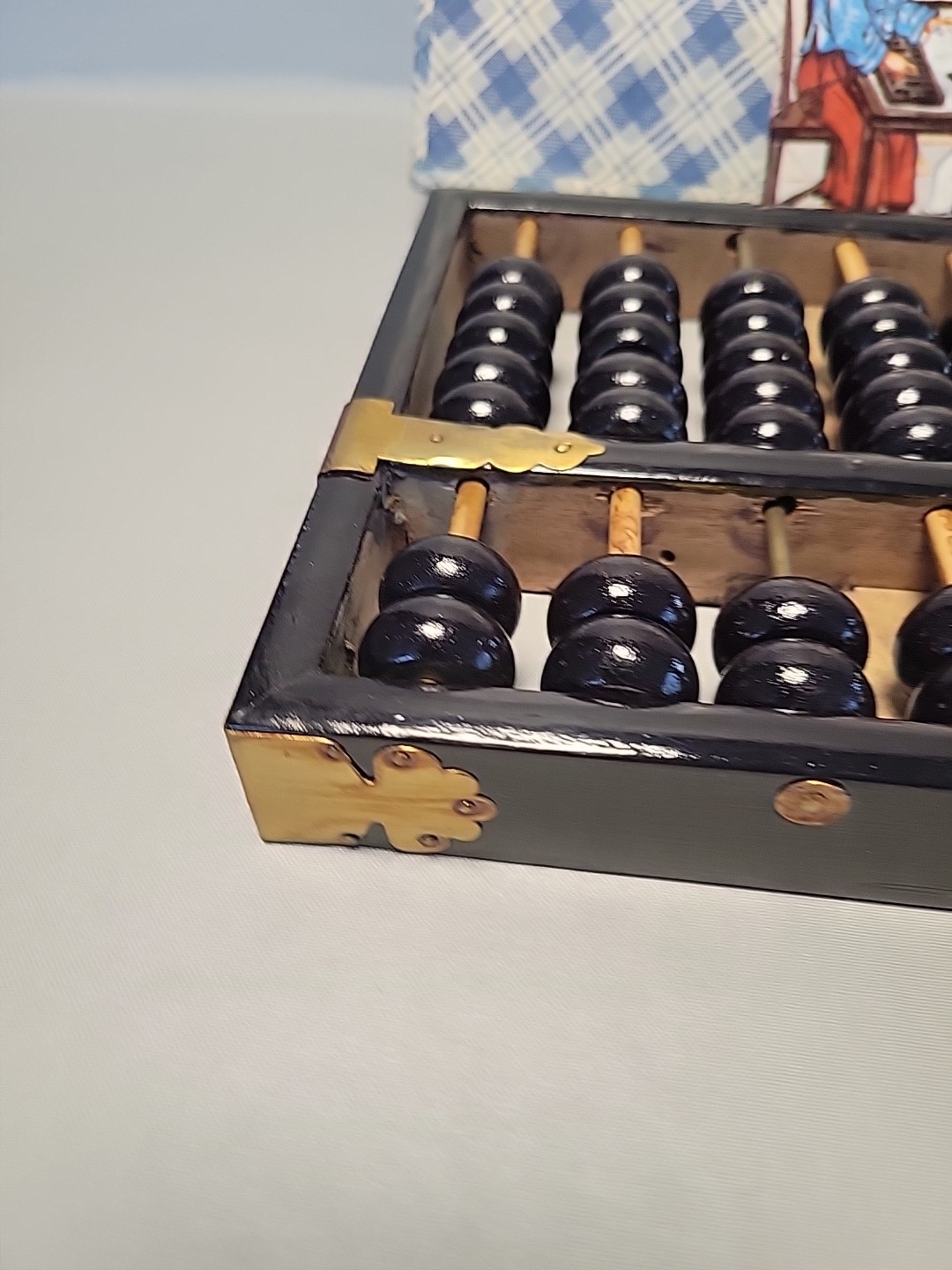 Vintage Chinese Abacus Wood & Brass Lotus Flower Brand Calculator 11 Row 77 Bead