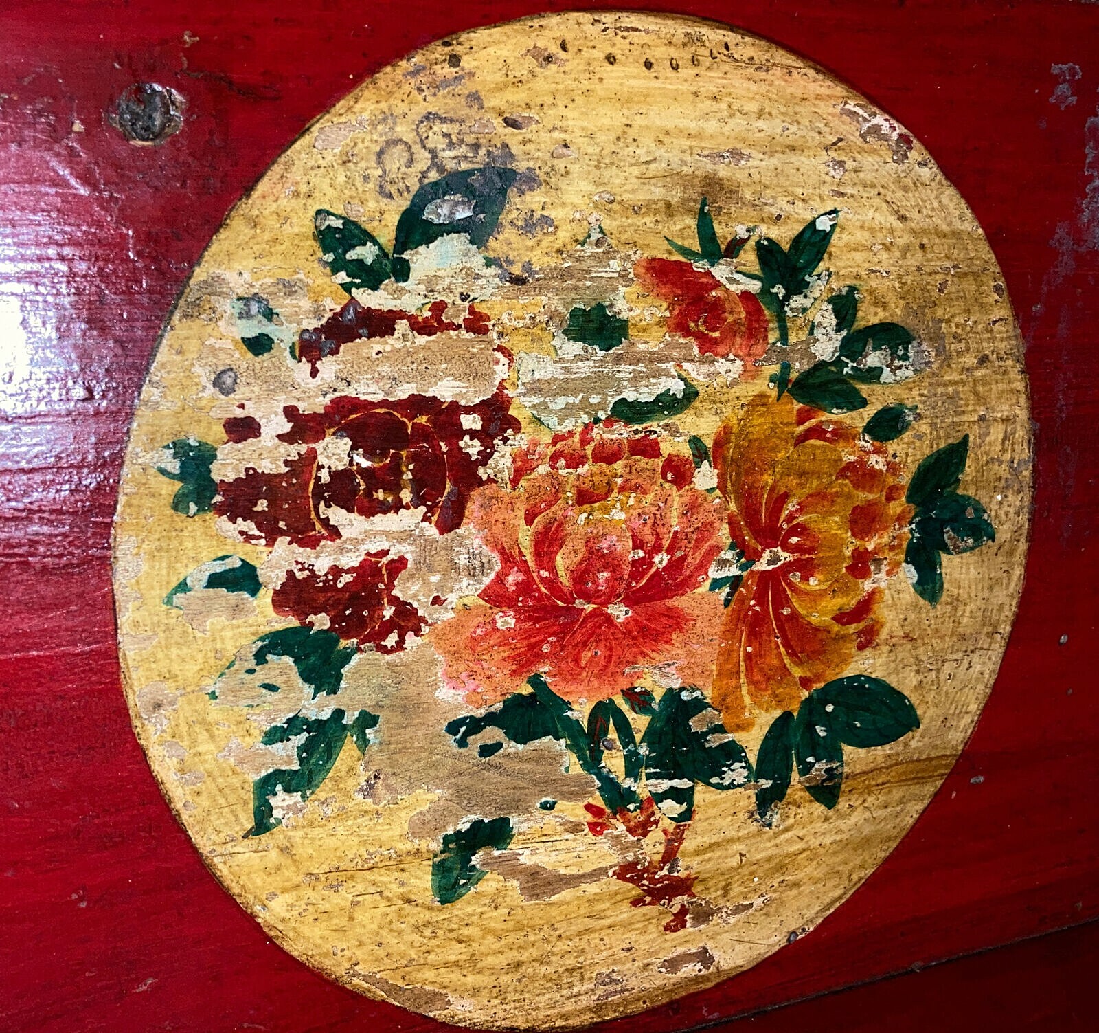 Asian / Chinese antique red green lacquer peony wood serving tray 26”