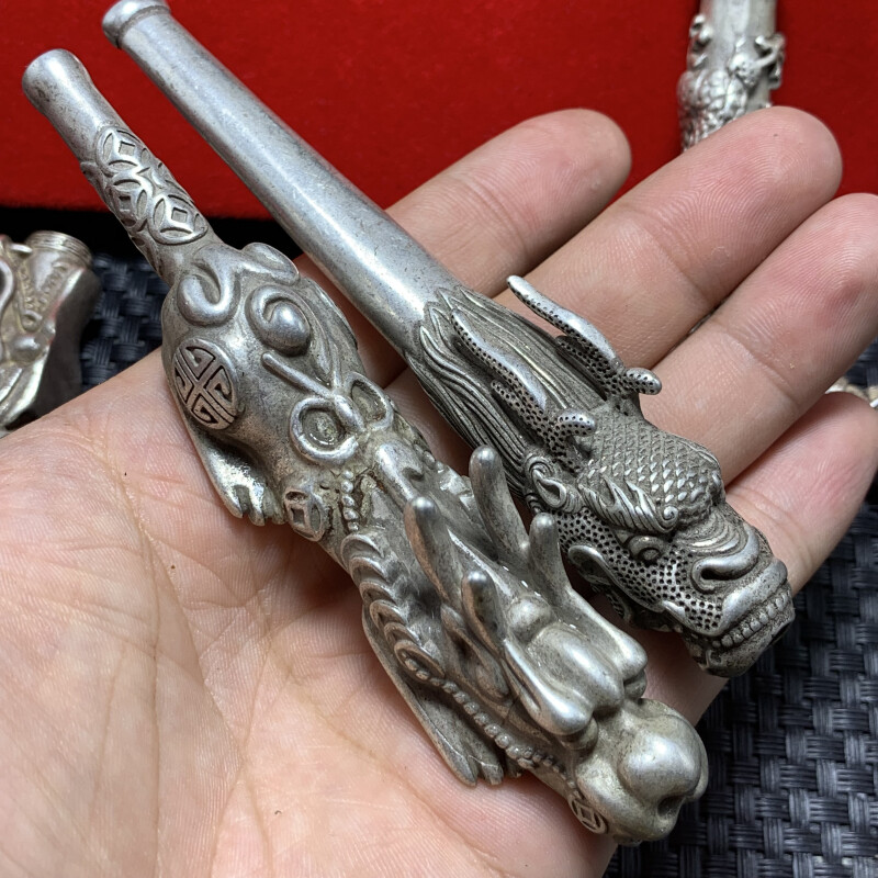 Tibetan Silver pipe Smoking Statue Sacred Dragon hand-made Tobacco rod 6pcs