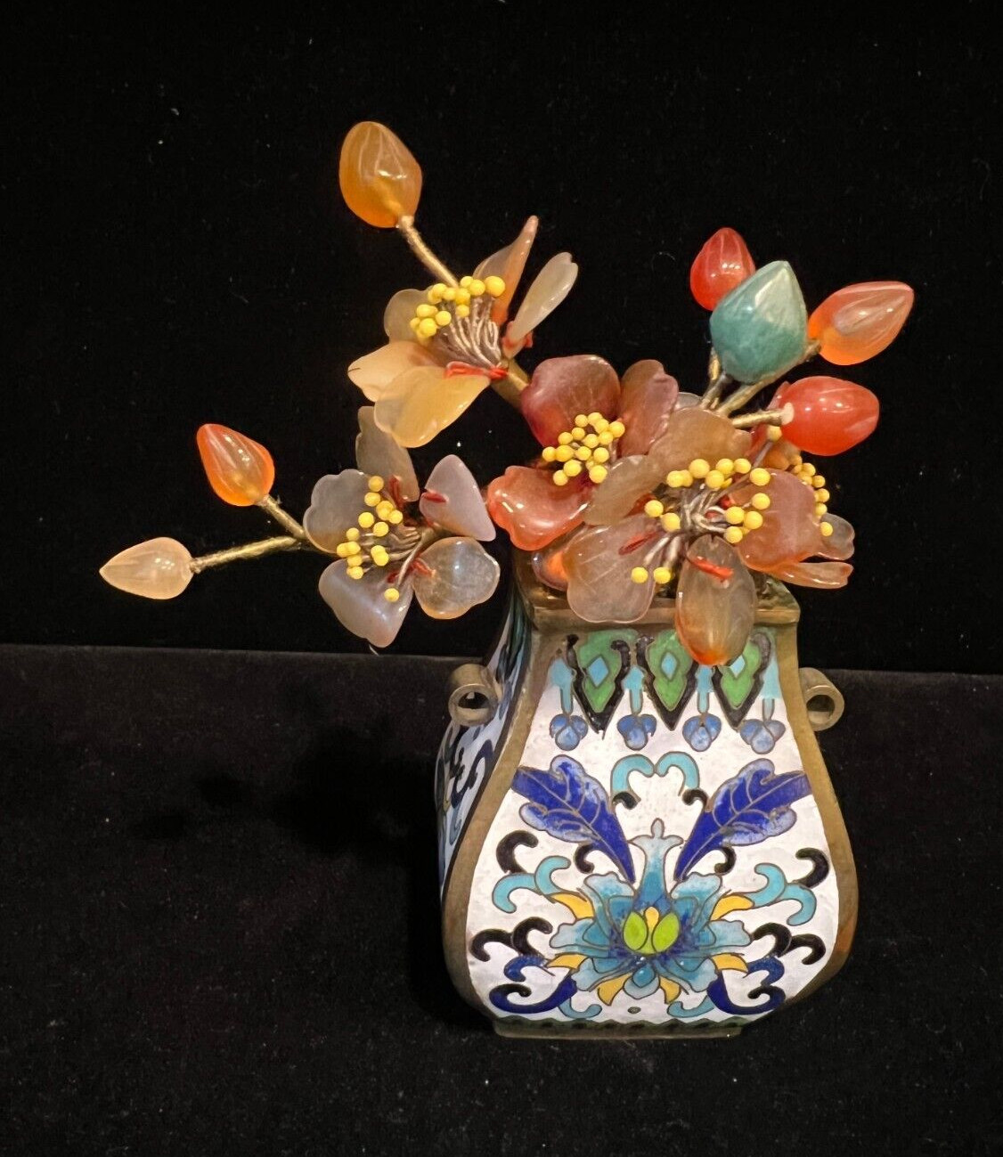 Miniature Antique Chinese Carnelian Quarts Jade Flower Tree in Cloisonne Pot