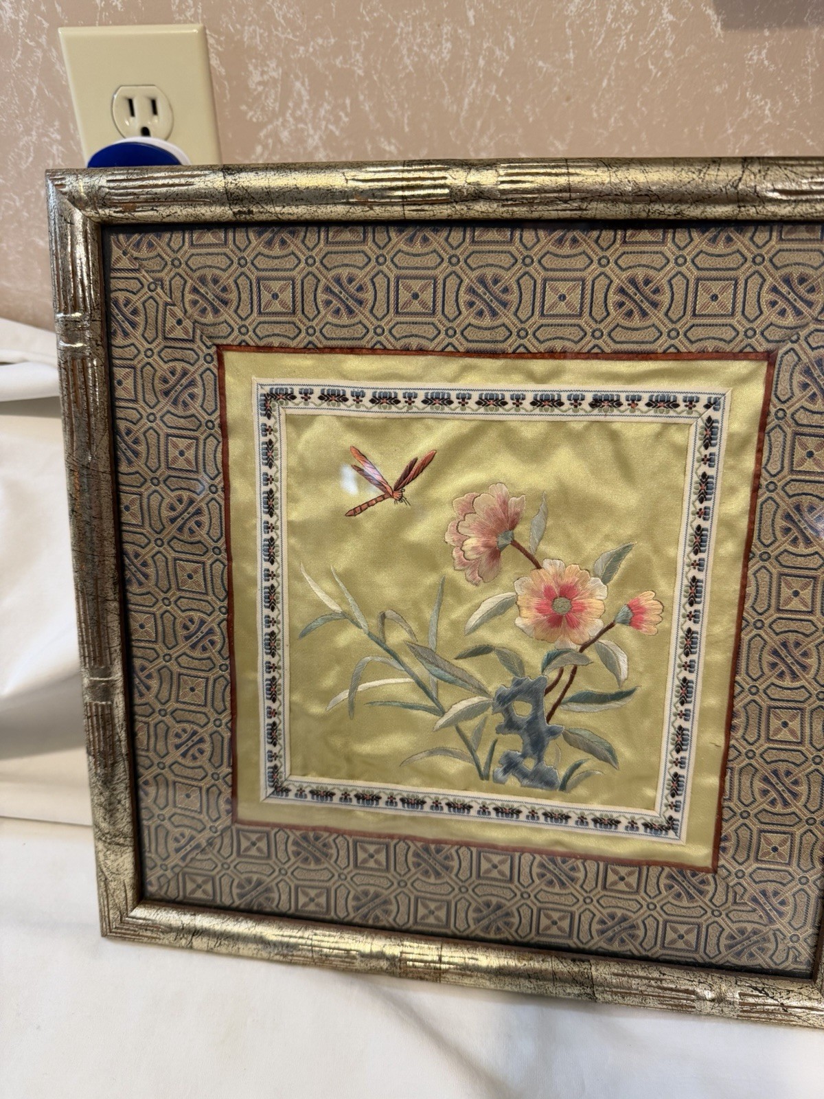 Vintage Bamboo Style Framed Chinese Silk Embroidered Panel Floral Art 12″