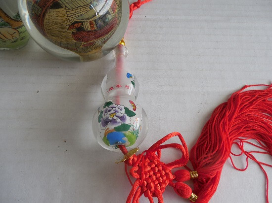 Vintage Chinese Reverse Painted Glass Sphere , snuff bottle + gourd ornament