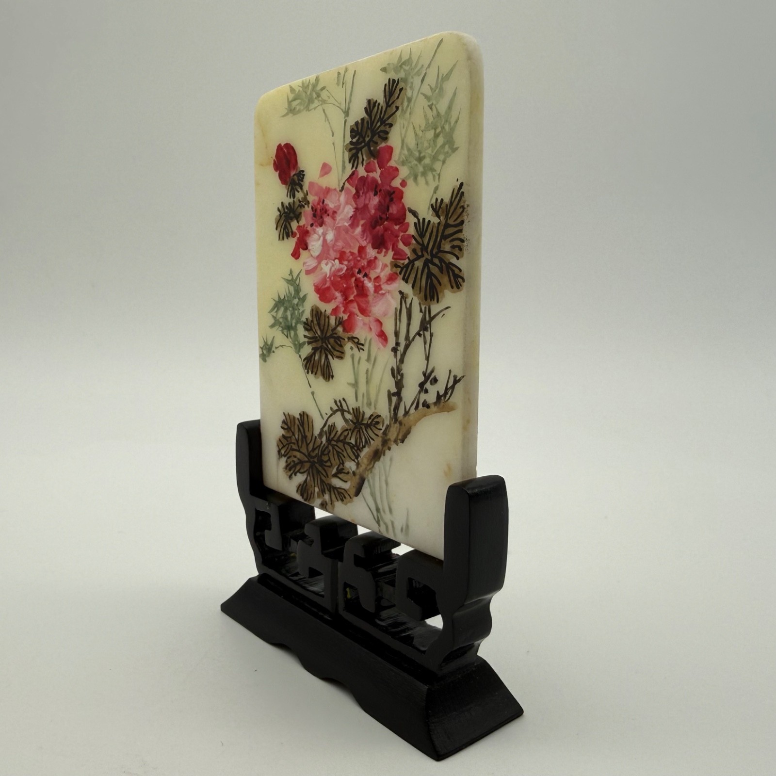 Vintage Chinese Hand Painted Marble Plaque Pink Blossoms Bamboo Wood Stand