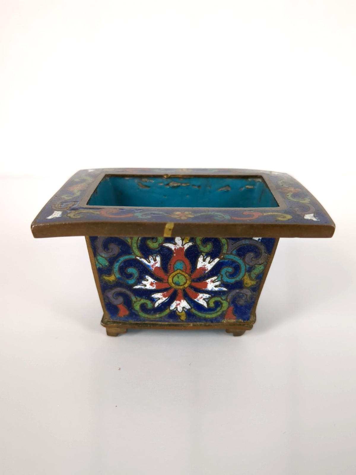 Vintage Chinese Cloisonne Miniature Bonsai Planter Blue 1.5 x 2.5 x 2