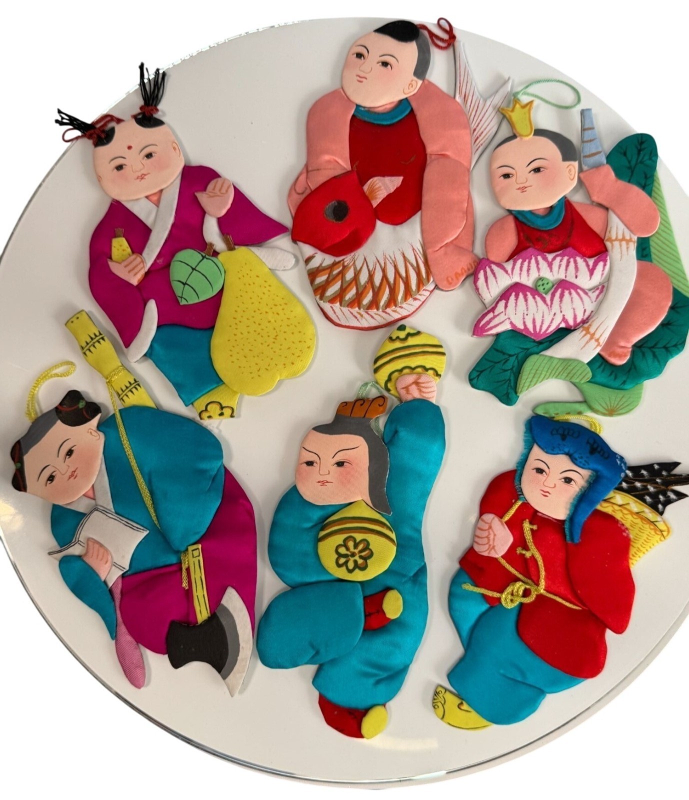 Set Of 6 Vintage Chinese Silk & Cardboard Ornaments Folk Figures 6″ No Box
