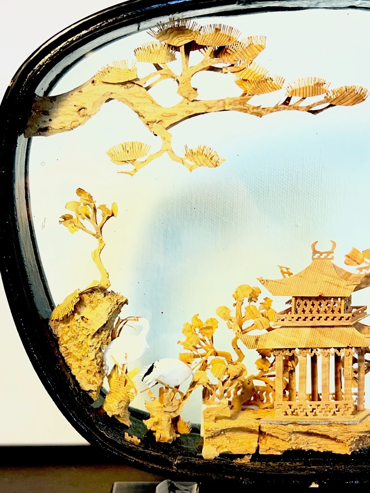 VTG Chinese Hand Carved Cork Diorama Shadow Box Asian Art Pagoda Cranes Trees