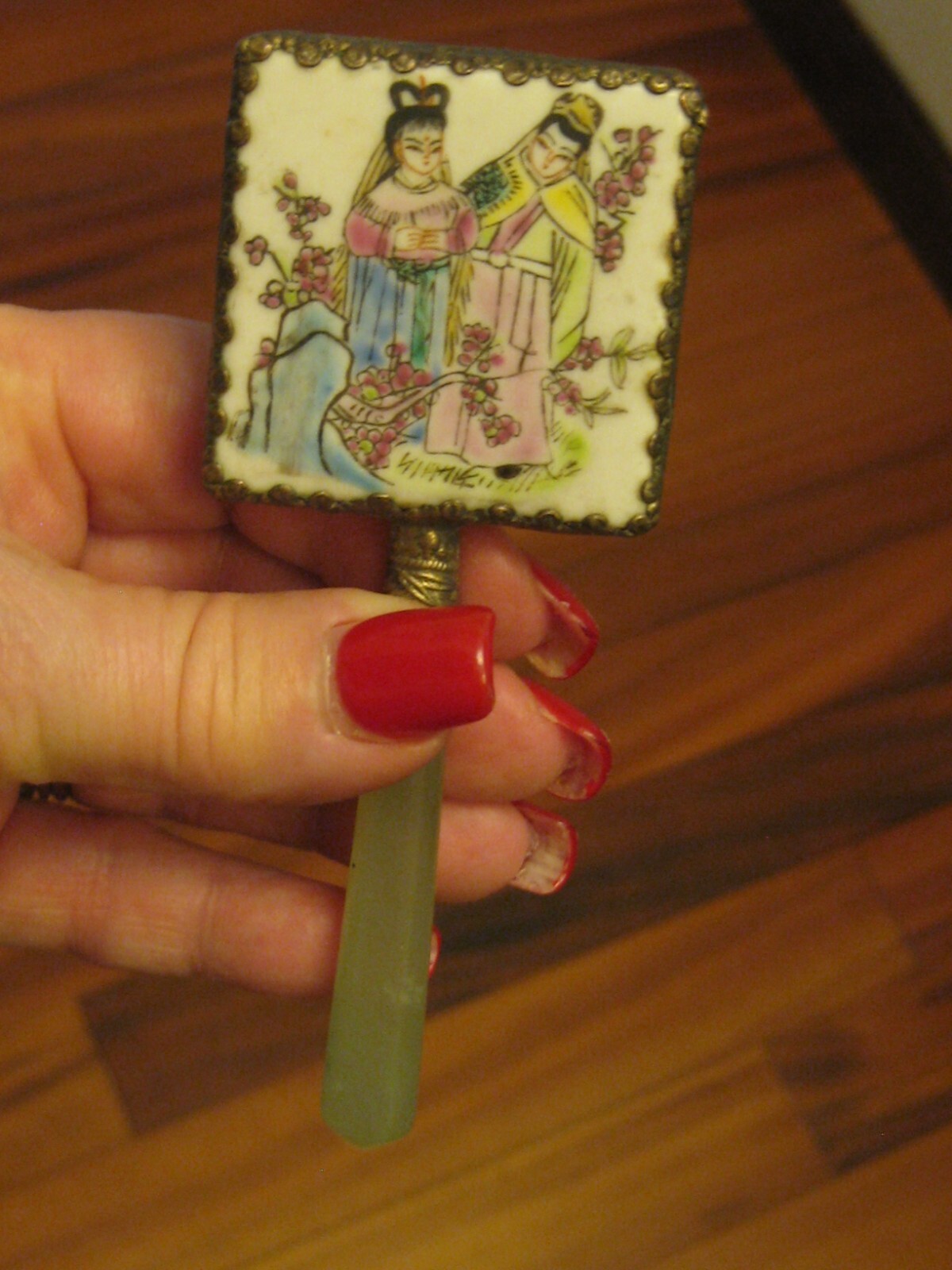 Vintage Small Asian Oriental Motif with Faux Green Jade Handle Mirror