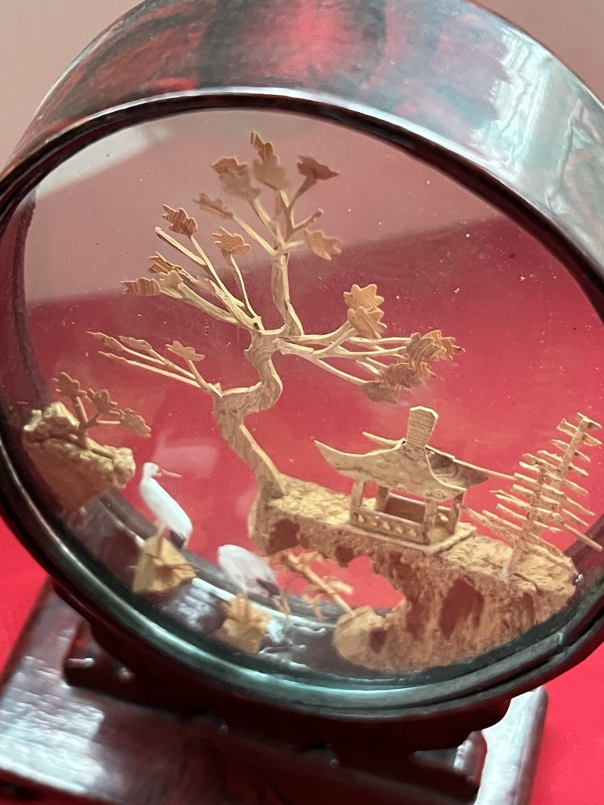 8” CHINESE 3D CARVED CORK ART DIORAMA OVAL GLASS SHOWCASE CRANES PAGODA TREES