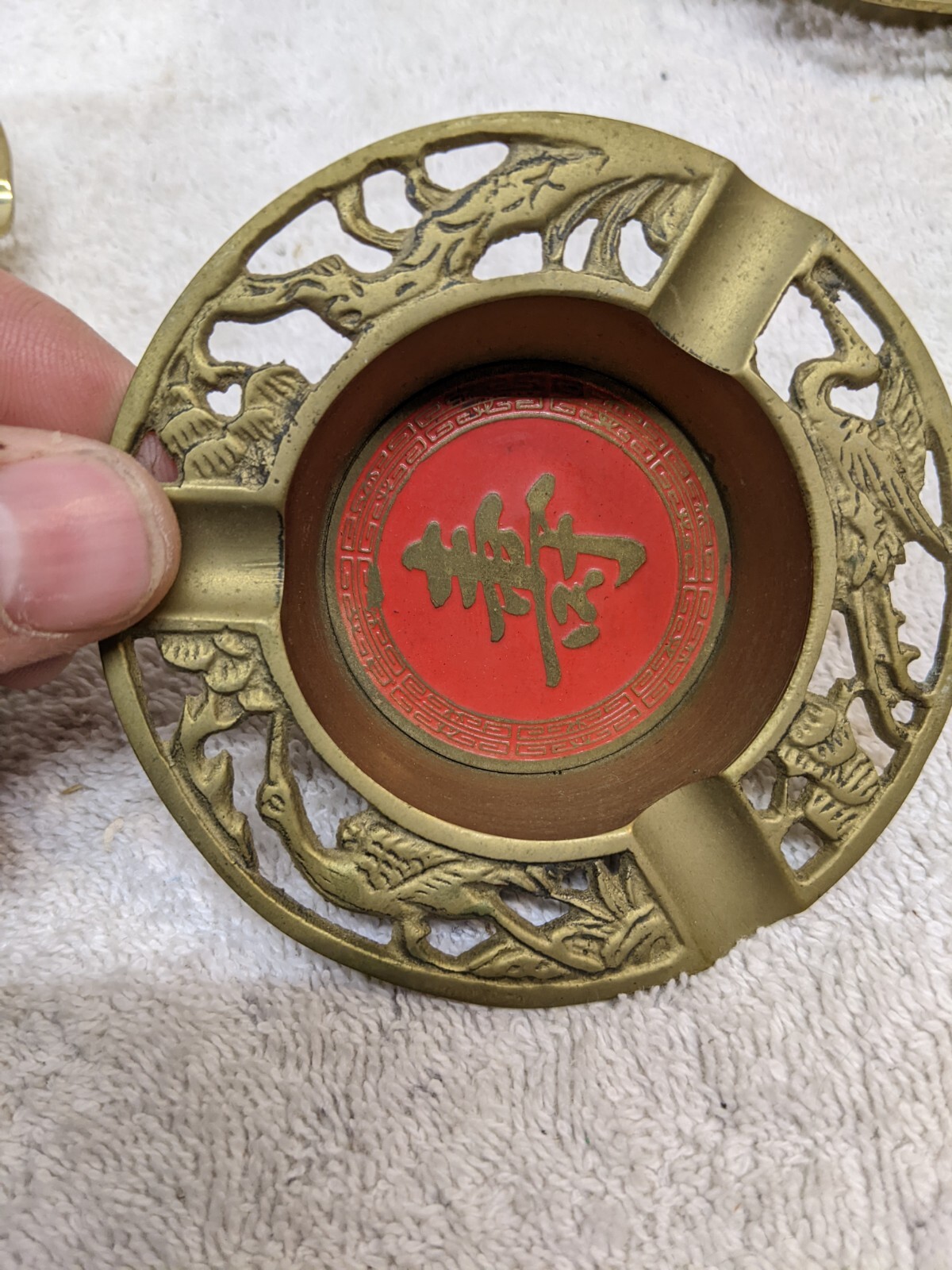 Vintage Chinese Brass Red Enamel Shou Long Life Ashtray Phoenix Birds 3.25″ Set