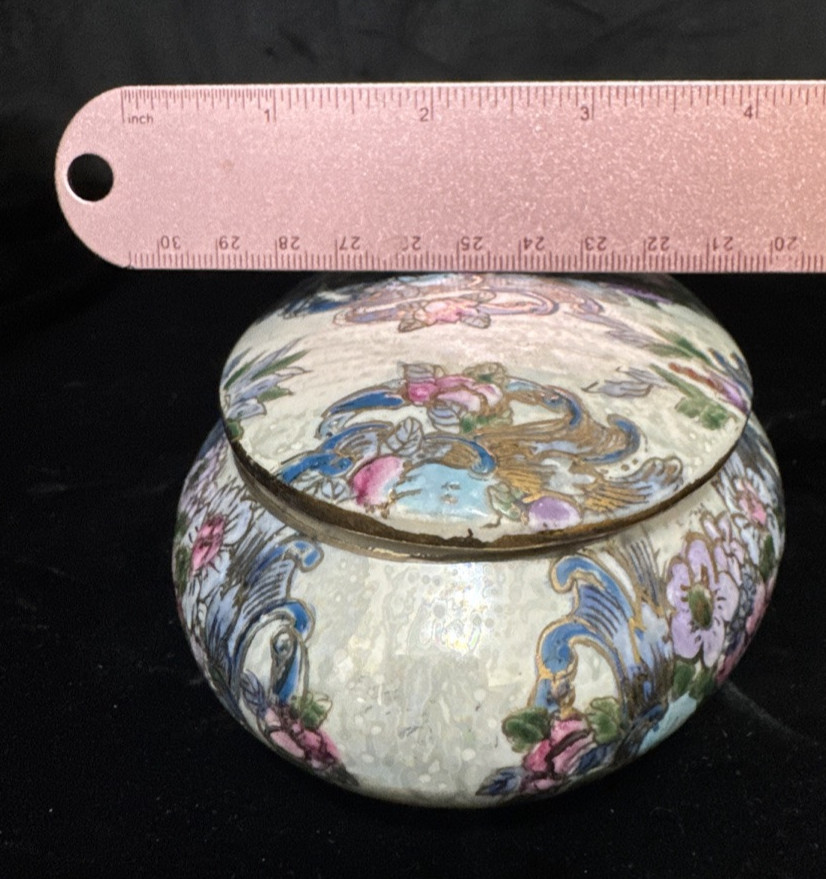 HFP Macau VTG Hand Painted Trinket Box Sage Green Gilded Pink Flowers Egg Shaped