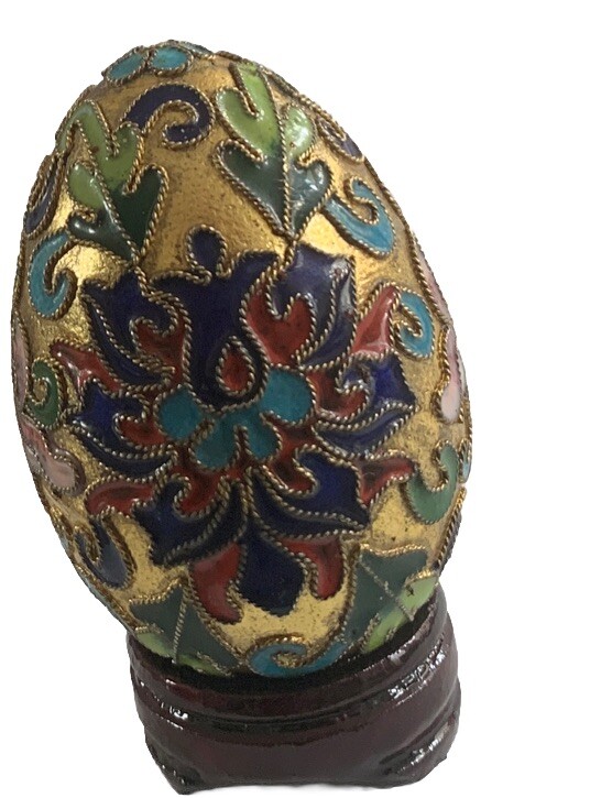 Chinese Enamel Egg Cloisonne Gold Metal Mix Color Floral Wood Stand Easter Decor
