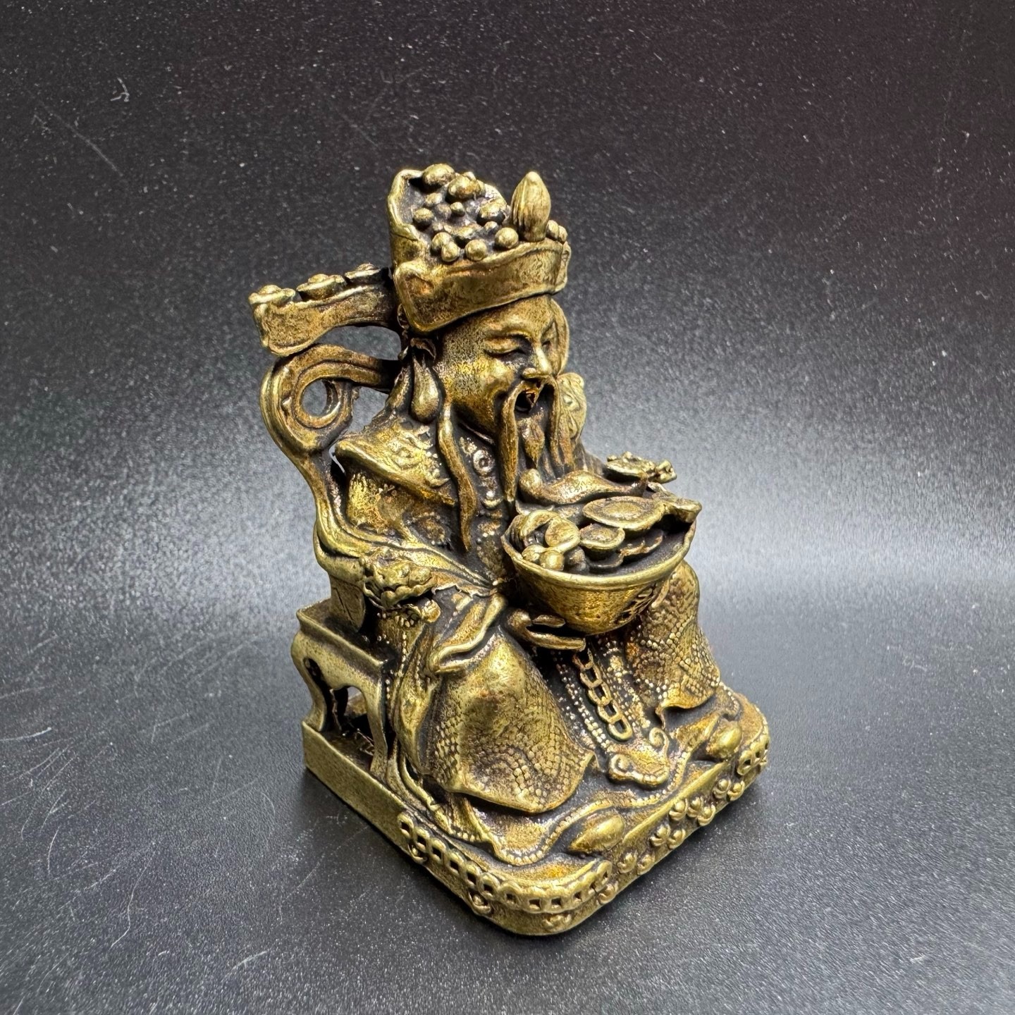 Vintage Brass God of Wealth Mini Statue Holding Gold Ingot Feng Shui Lucky Desk