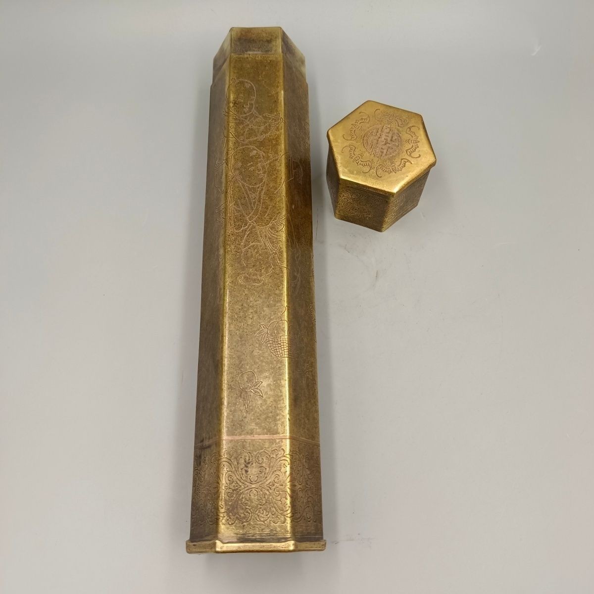 Pure Brass Hexagonal Incense Tube 33cm Five Blessings Vintage Copper Decor