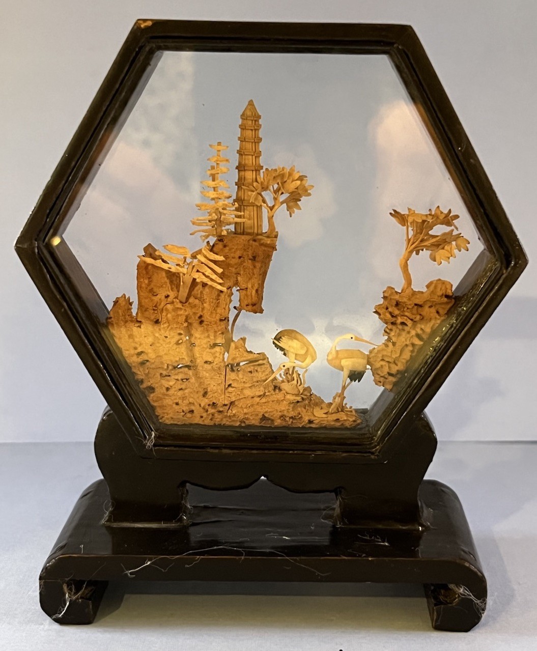 Cork Diorama, Chinese, Hexagon, 3.75” Across With Cranes, Pagoda, Trees, Black