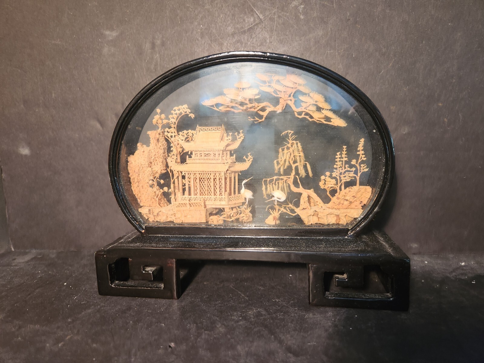 San You Chinese Carved Cork Art Oval Glass Black Lacquer on wood Vintage