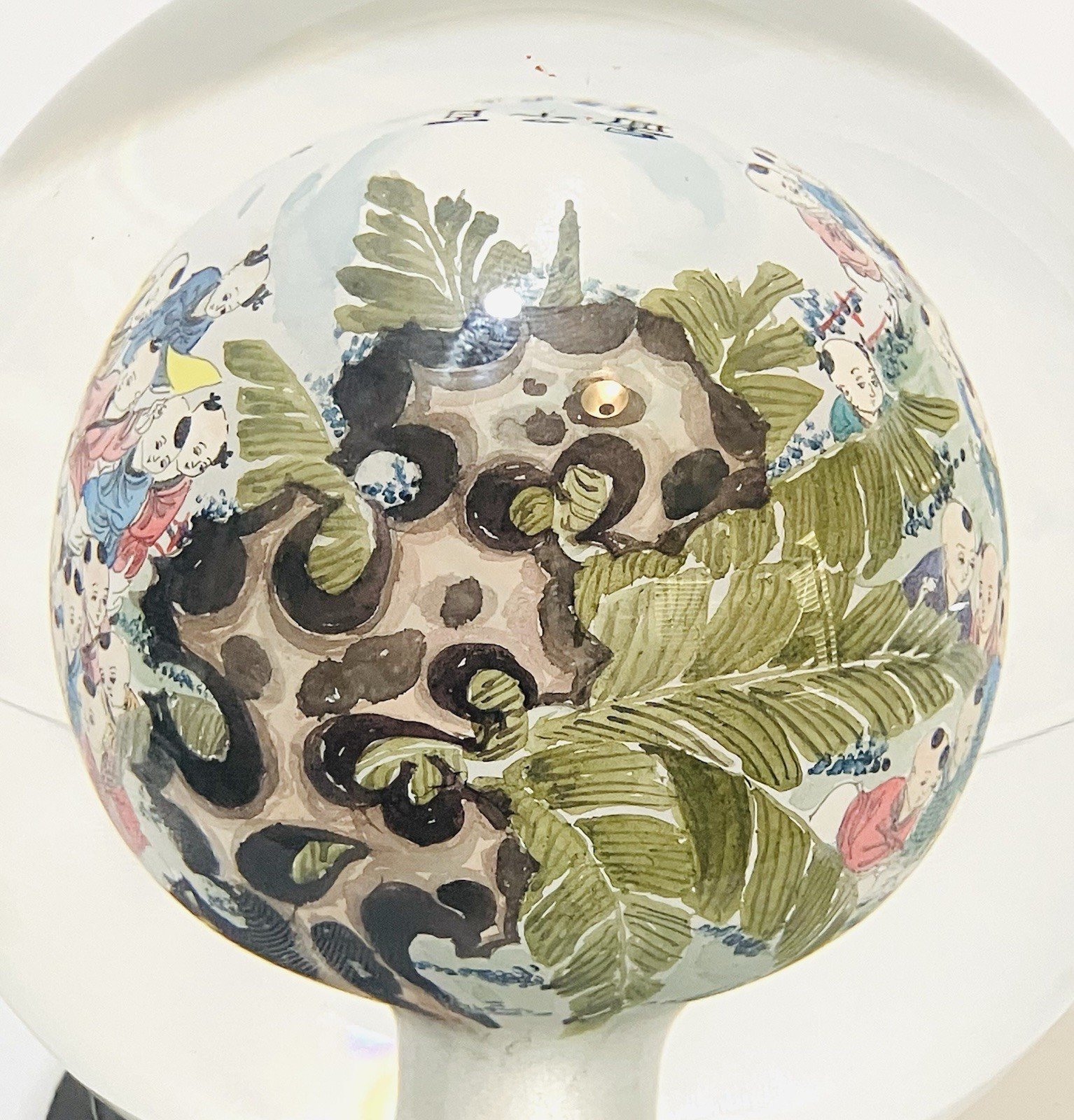 Chinese Reverse Hand Painted Glass Ball Wood Base Hundred Children Playing Motif