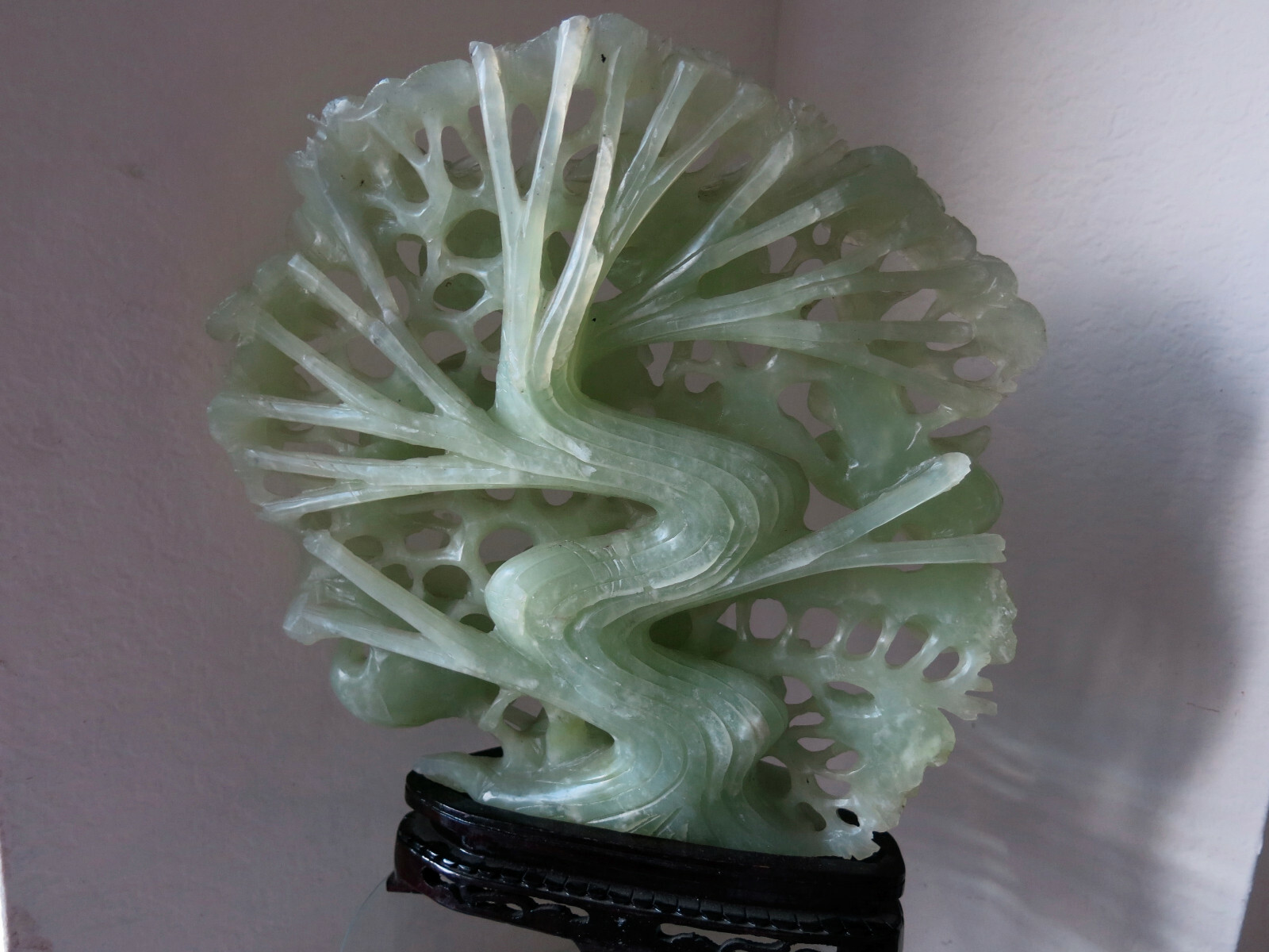 Asian Vintage Jade See Thru, 2 Sided Detail, Lt. Green Cranes & Tree, 11″ x 12″
