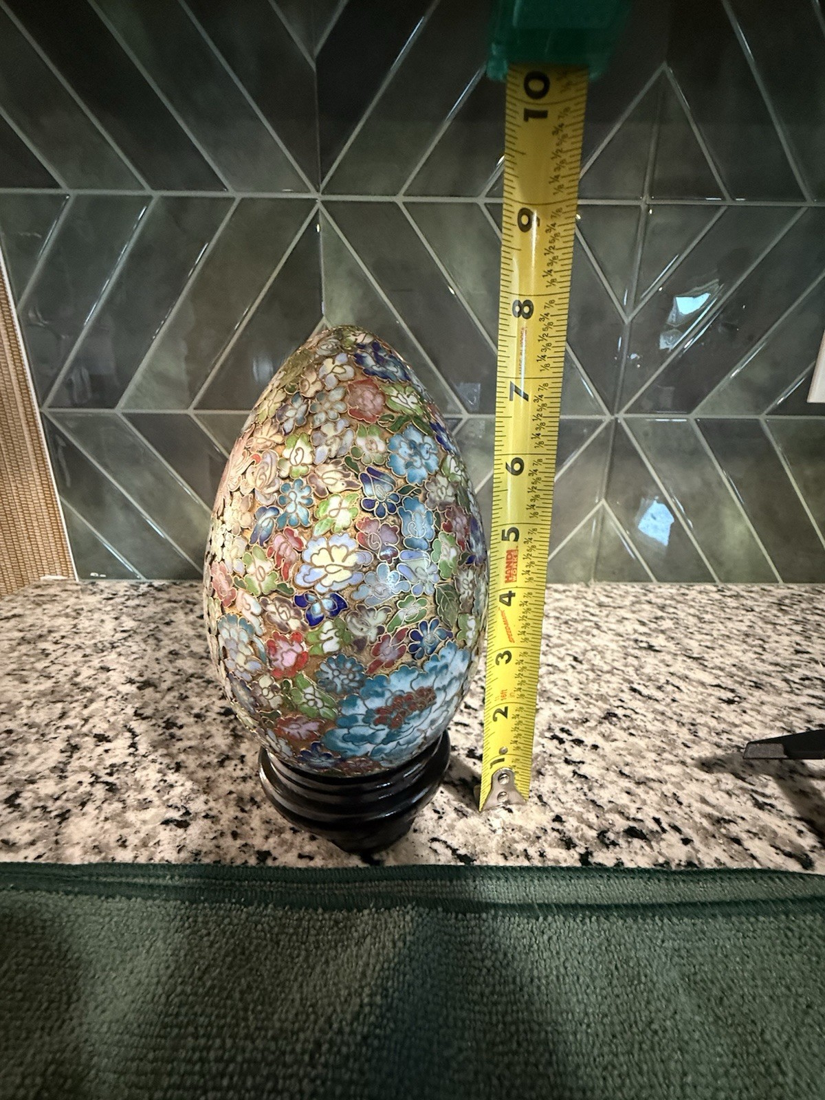 Vintage Chinese Cloisonné Large Gilded Egg w/ Wood Stand Floral, Millefleurs