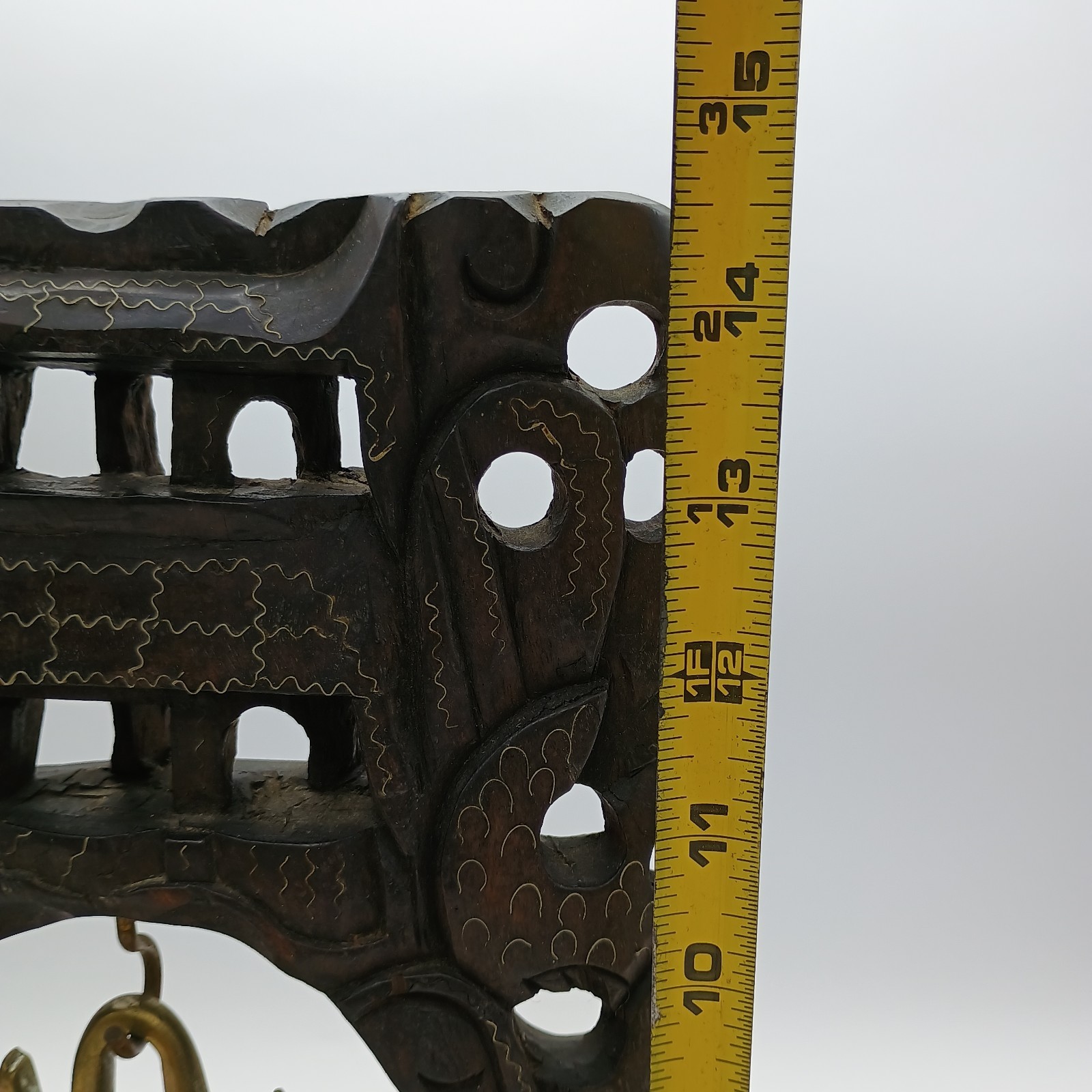 Vintage Chinese Wood Hand Carved Frame Holder With Brass Bell Dragon