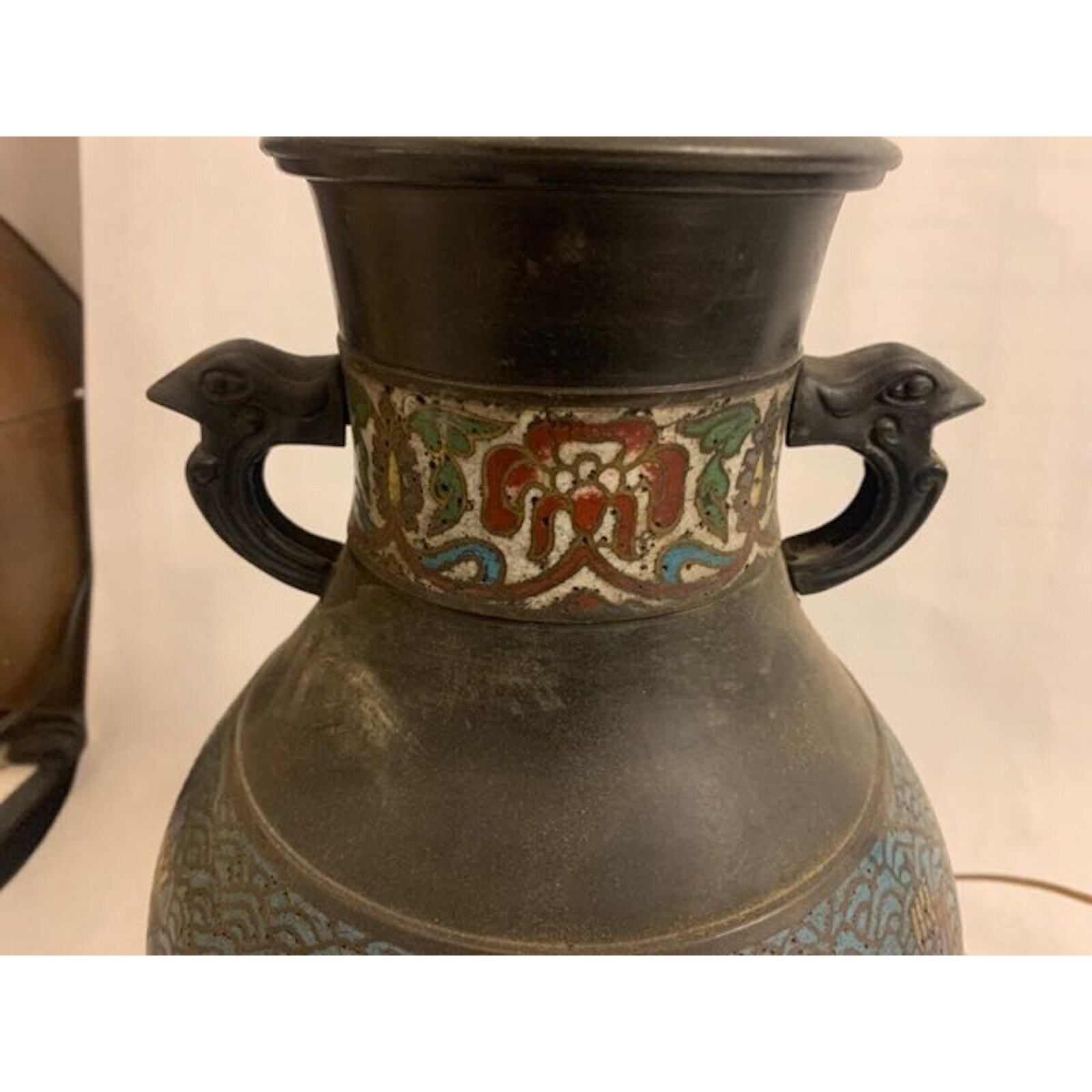 LARGE ANTIQUE CHINESE CHAMPLEVE CLOISONNE Enamel Bronze Vase Table Lamp Boat …