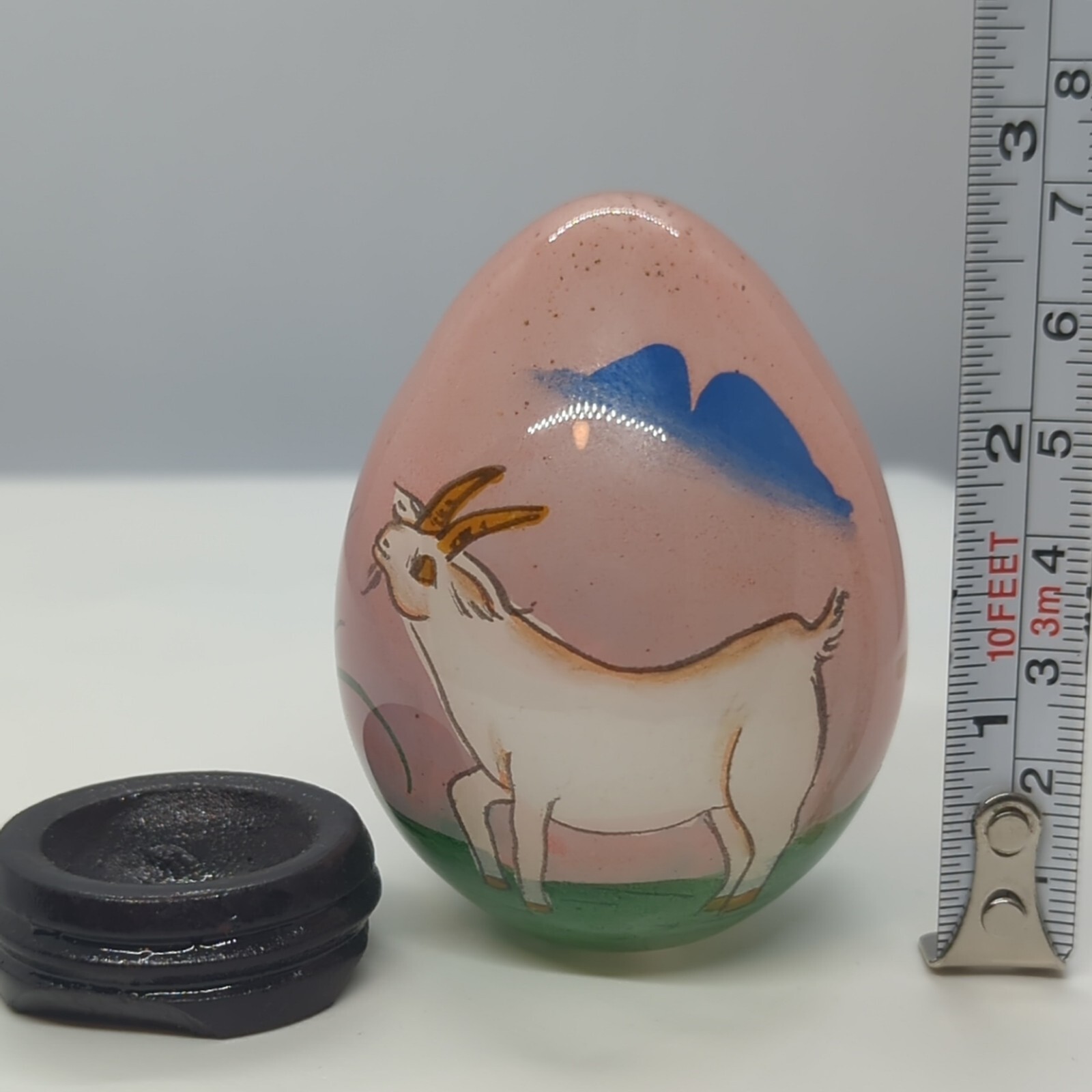 Chinese Reverse Hand-painted Art Glass Egg Depicting White Goat w/Stand 3.25″H