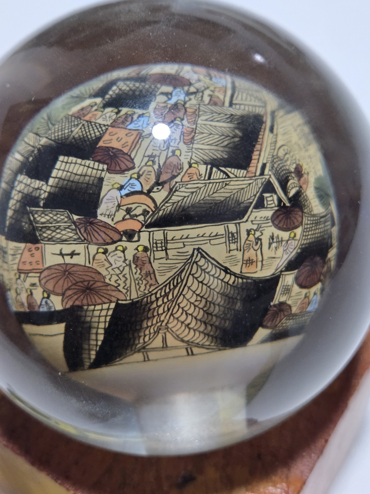 Vtg Chinese Reverse Paint Globe Orb Sphere With Wooded Base 4″ Round Rare!
