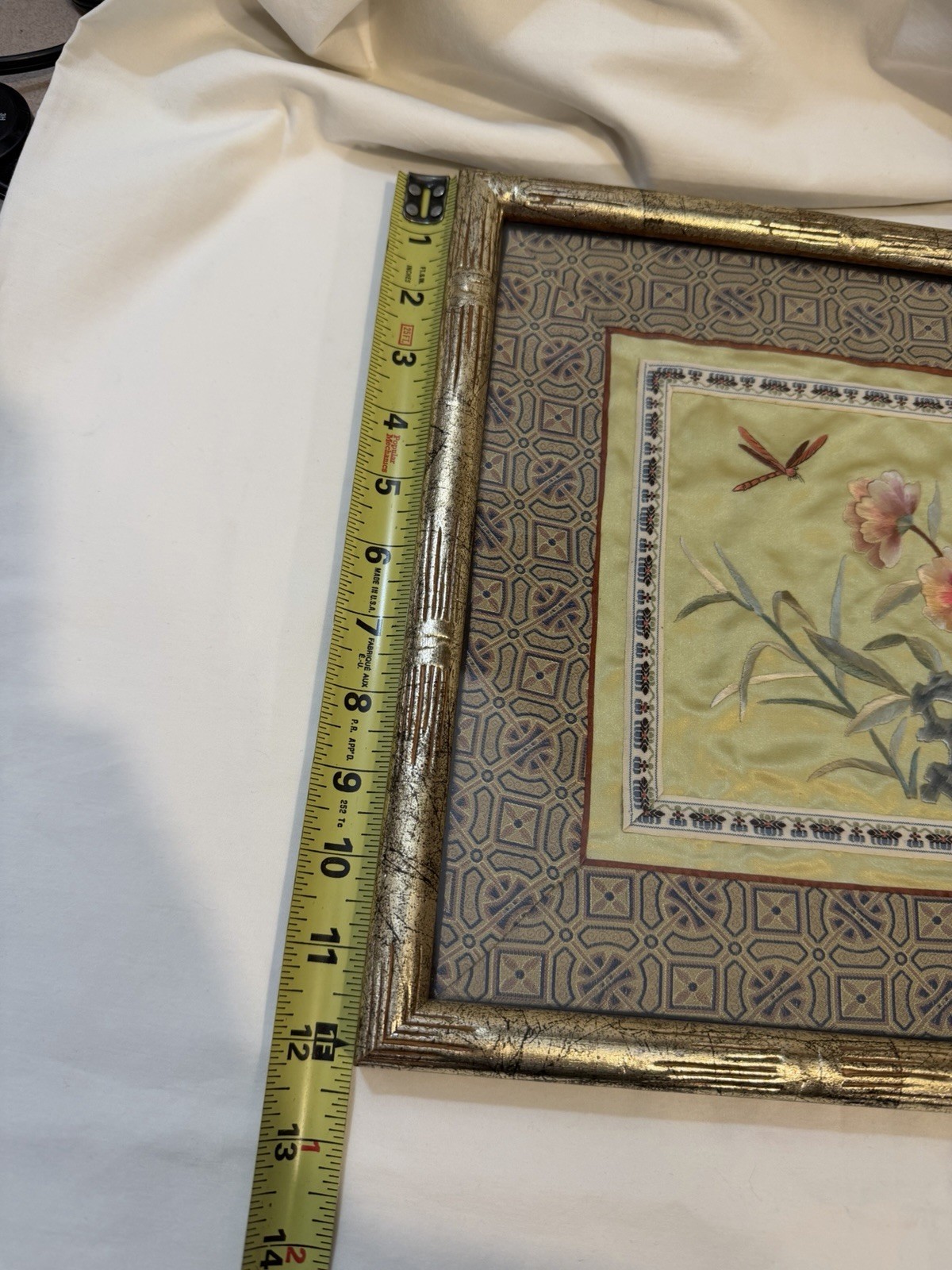 Vintage Bamboo Style Framed Chinese Silk Embroidered Panel Floral Art 12″