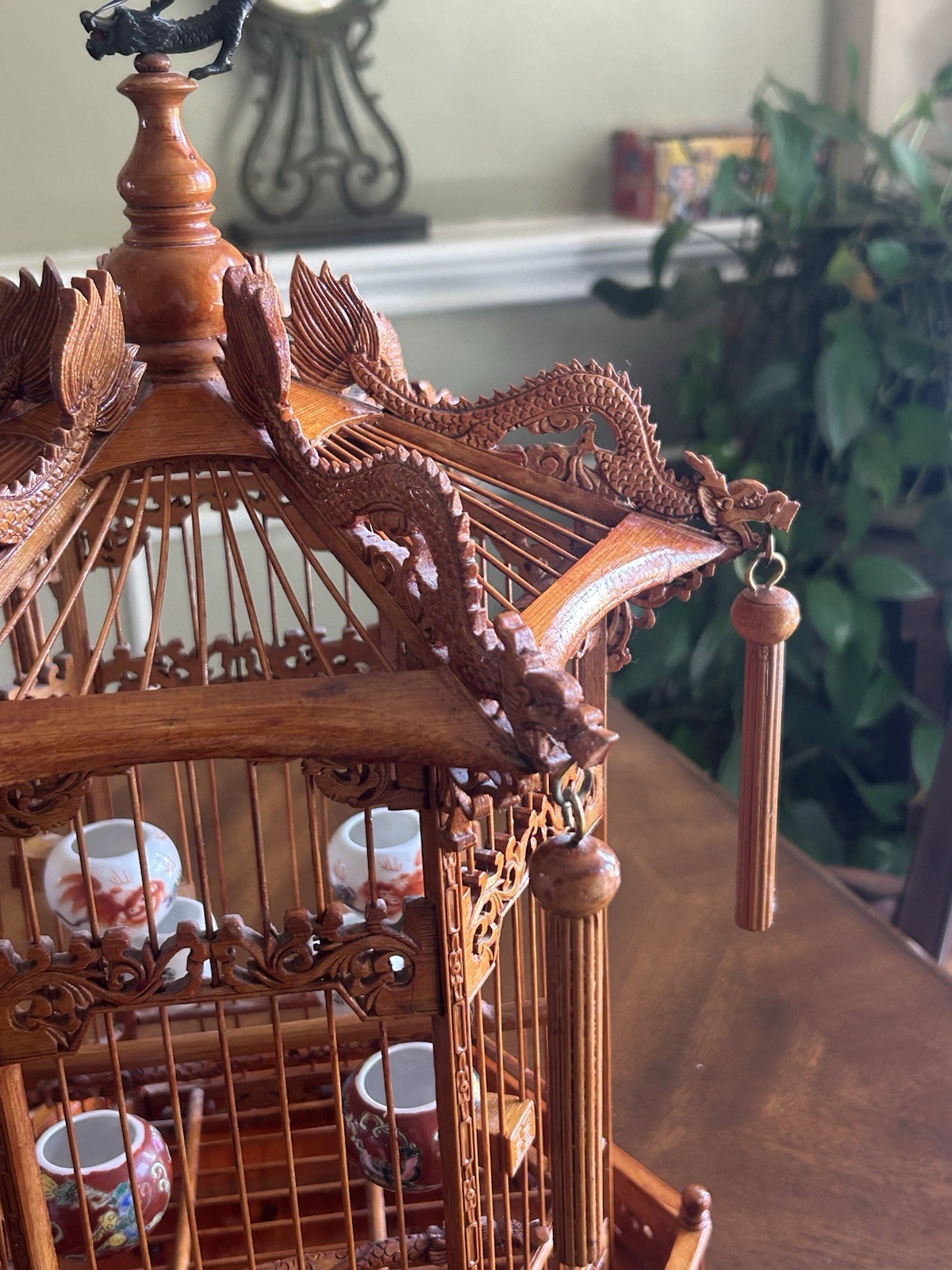 Antique Chinese Bamboo Bird Cage Hand Carved Vintage Feeders