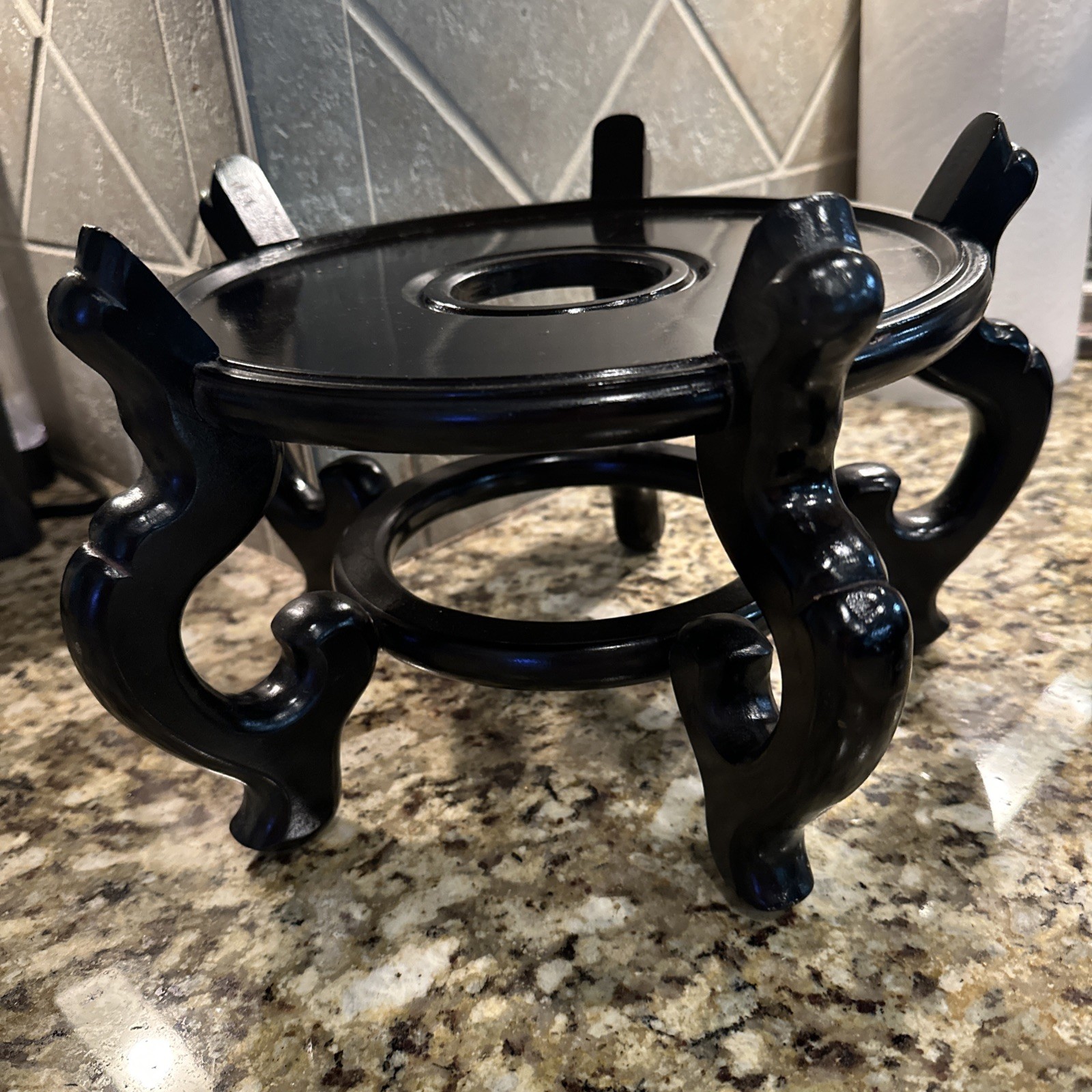 Vintage Large Chinese Black Lacquer Wood Stand 10” Diam For Urn Plant Fish Bowl