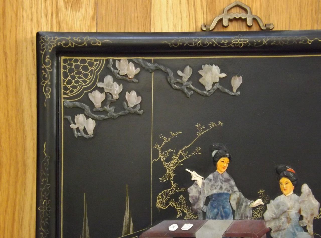 2 Asian Oriental Lacquer Mother of Pearl Wall Art Panels 14″ x 16″