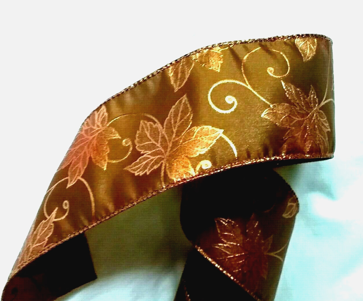 Fall Copper Metallic Leaves 2.5″ by 5 yd Wired Ribbon Satin Kirkland Elegance