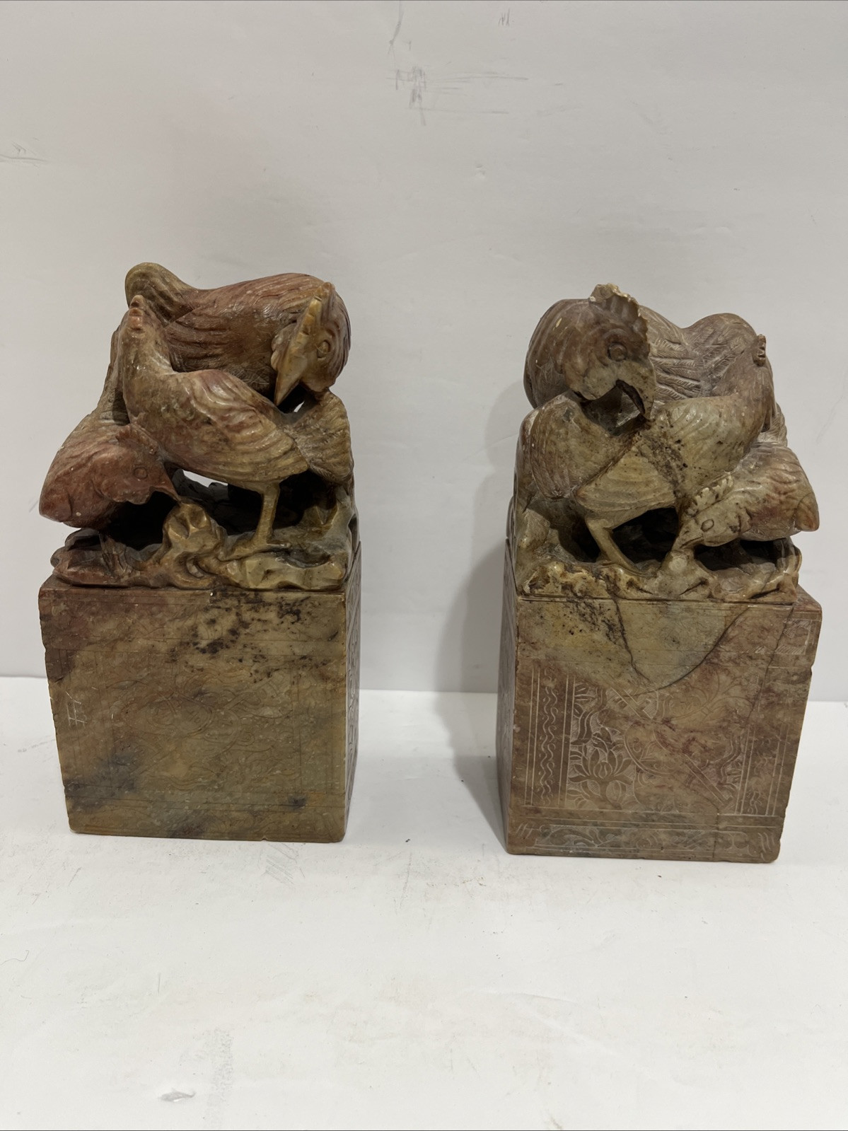 Antique Chinese Carved Soapstone Seals Bookends Rooster Chicken Bird Floral Larg