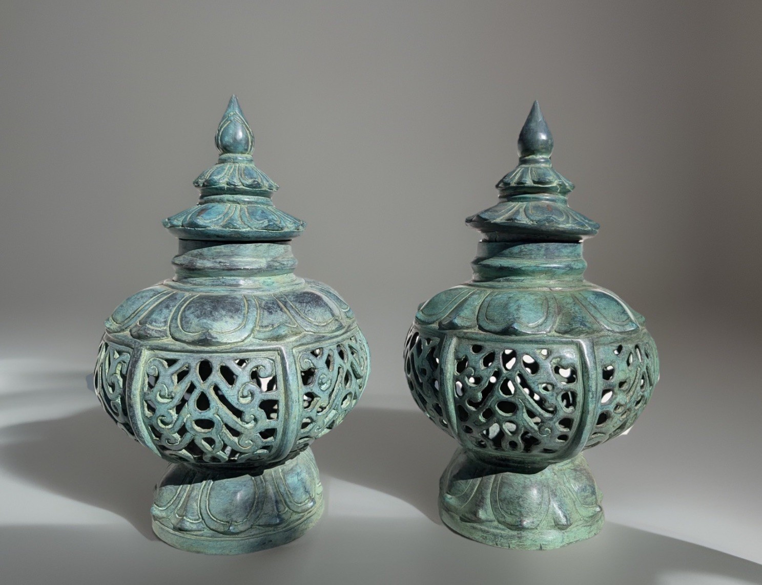 Pair Of XL Rare Vintage Chinese Heavy Duty Bronze Incense Burners Candle Holders