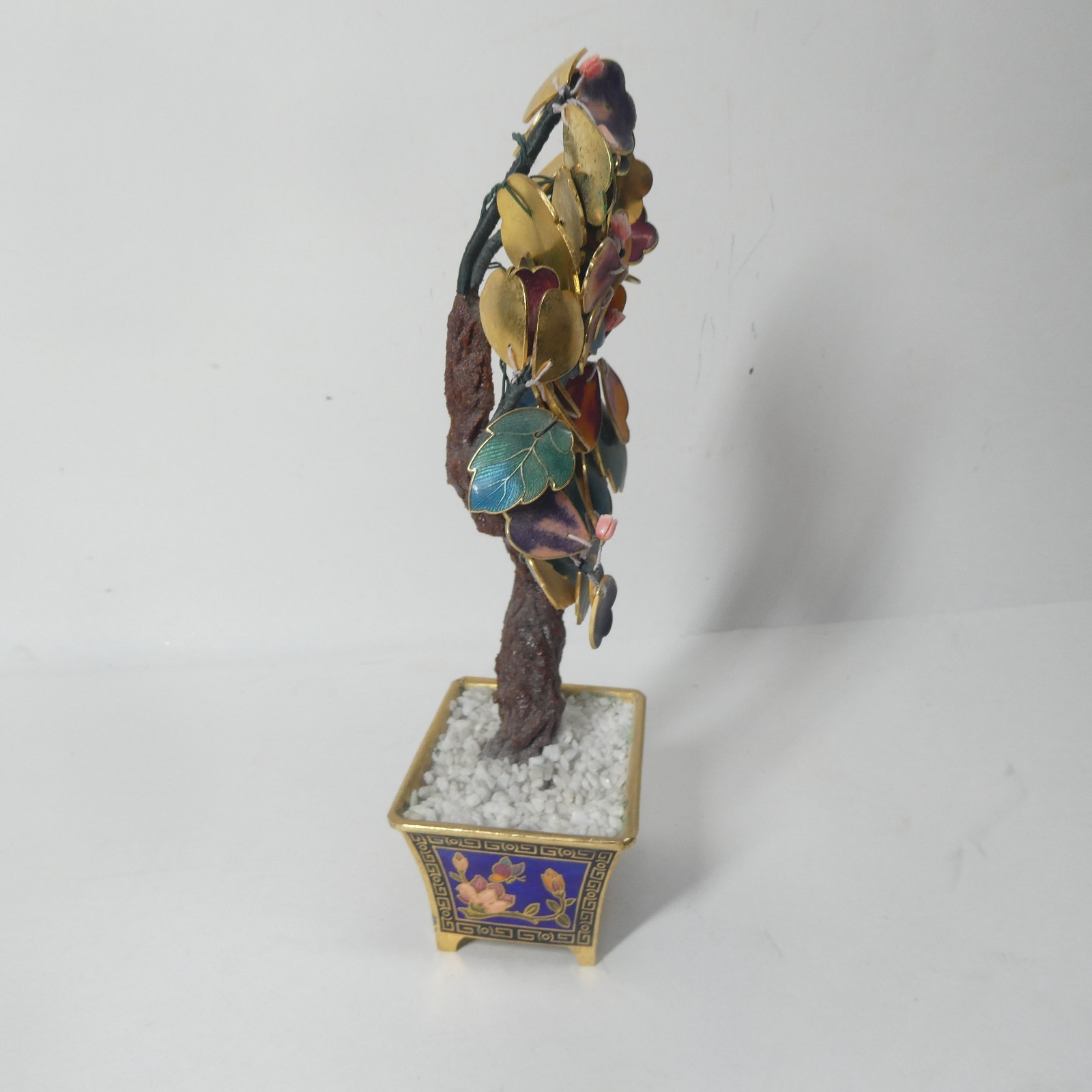 Cloisonne Enamel Brass Bonsai Tree w/ Pot Colorful Flowers 8″ Vintage