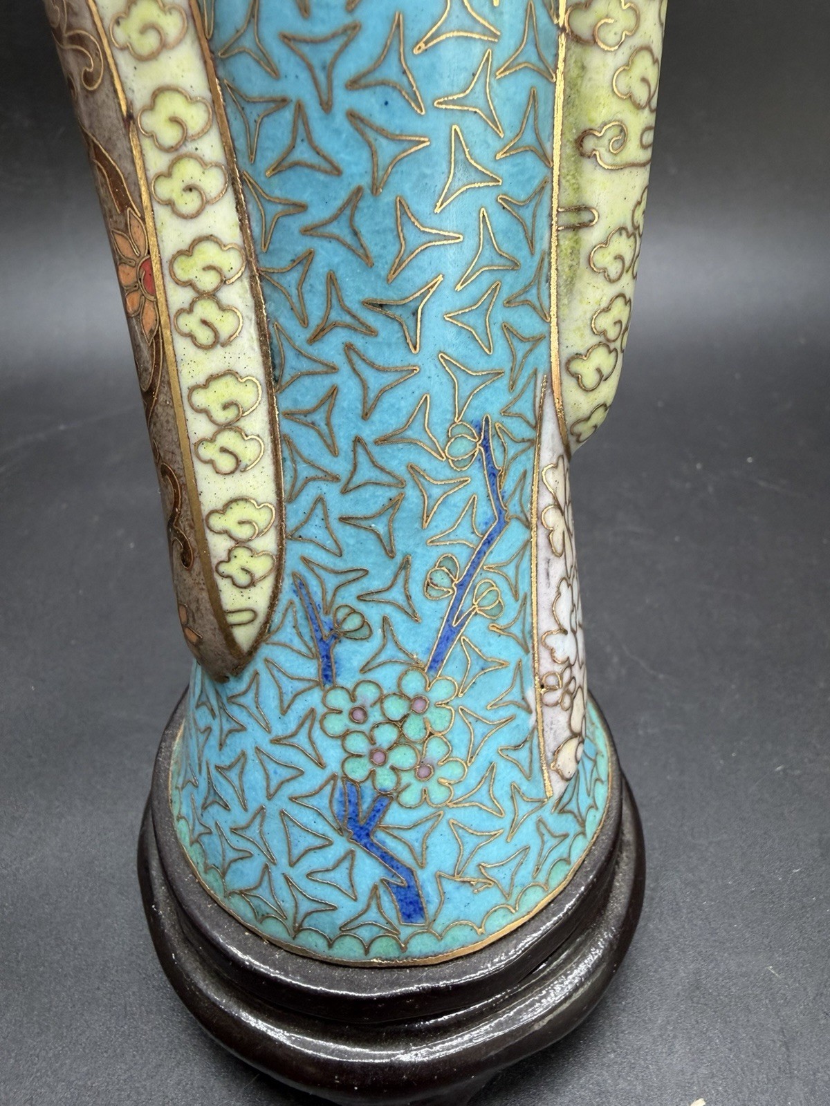 Gorgeous VTG Traditional Cloisonne Lady Figure Brass Enamel On Wood Base 13.5”