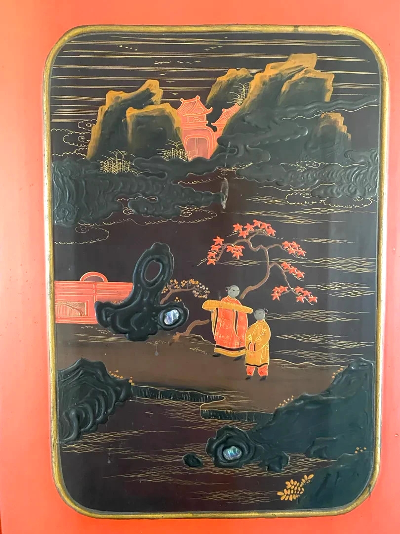 Vintage Black Lacquer &Mother of Pearl Japanese? Asian Art 2 Wall Panels 36″x17″