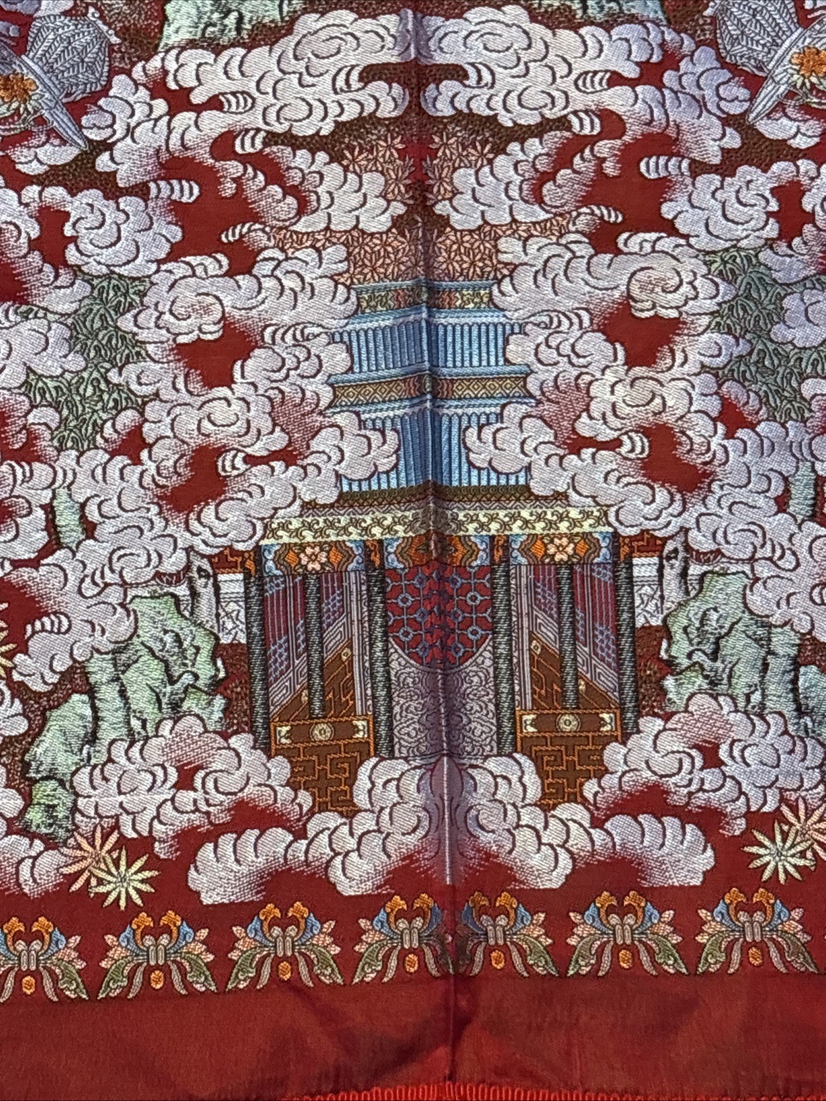 Vintage Chinese Silk Brocade Tablecloth fringe Tapestry Embroidery 38” x 37”