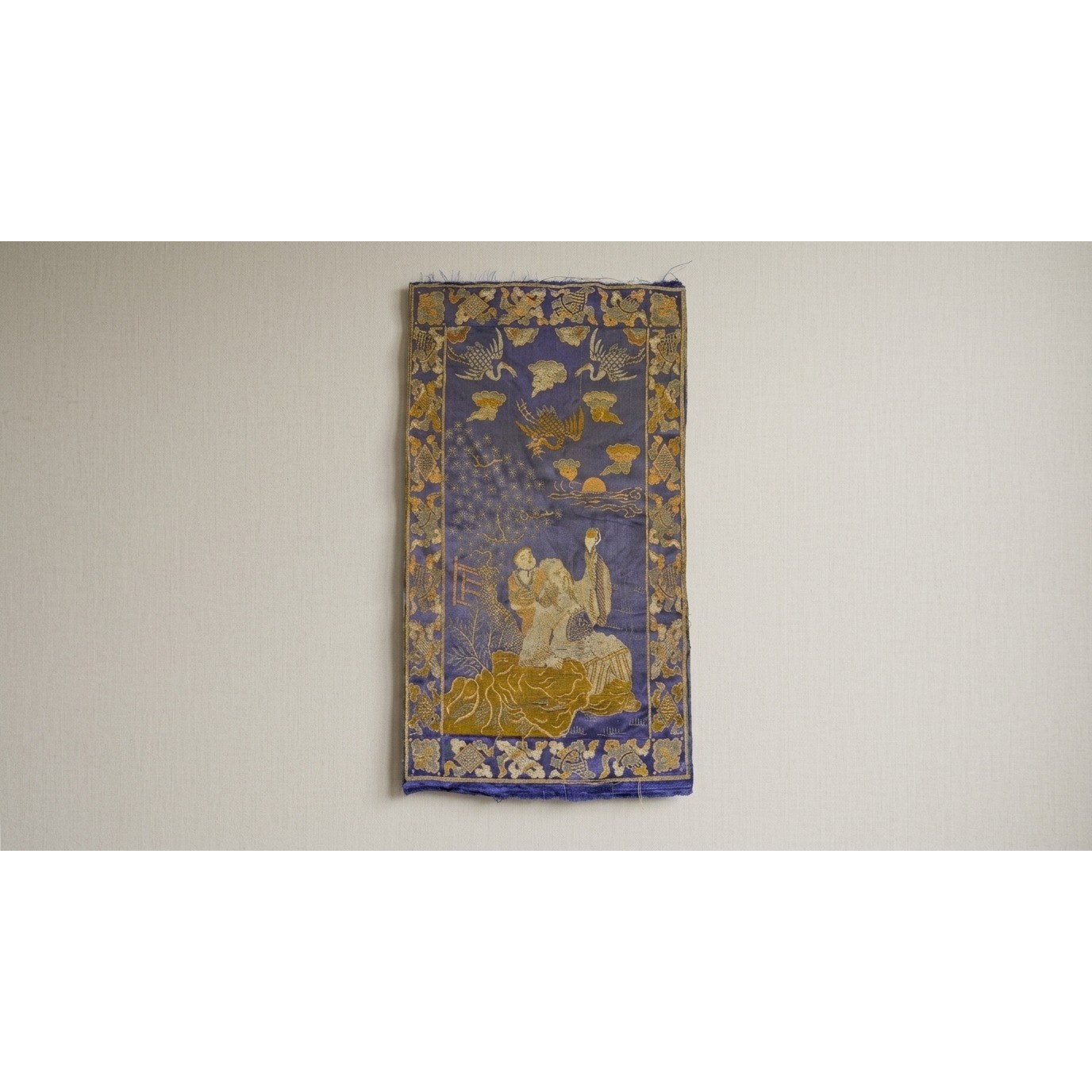 Antique Chinese Silk Brocade Cranes & Scholars Tapestry 18x10in