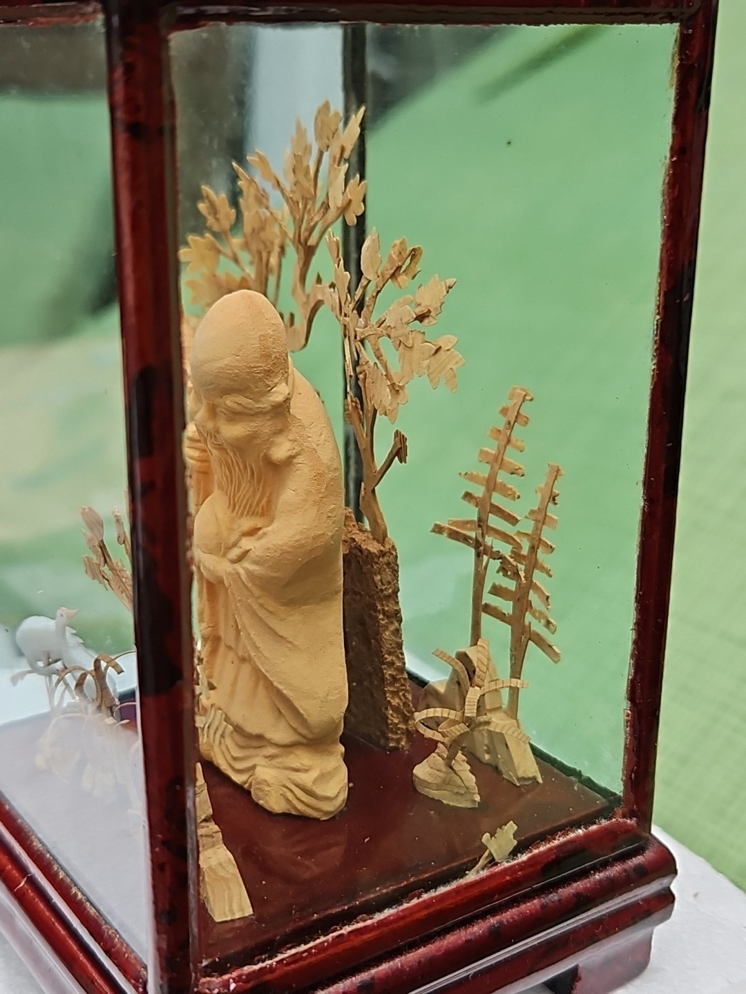 Chinese Cork Diorama Asian Crane Trees Vintage Art Carved Shou Xing Longevity 5″