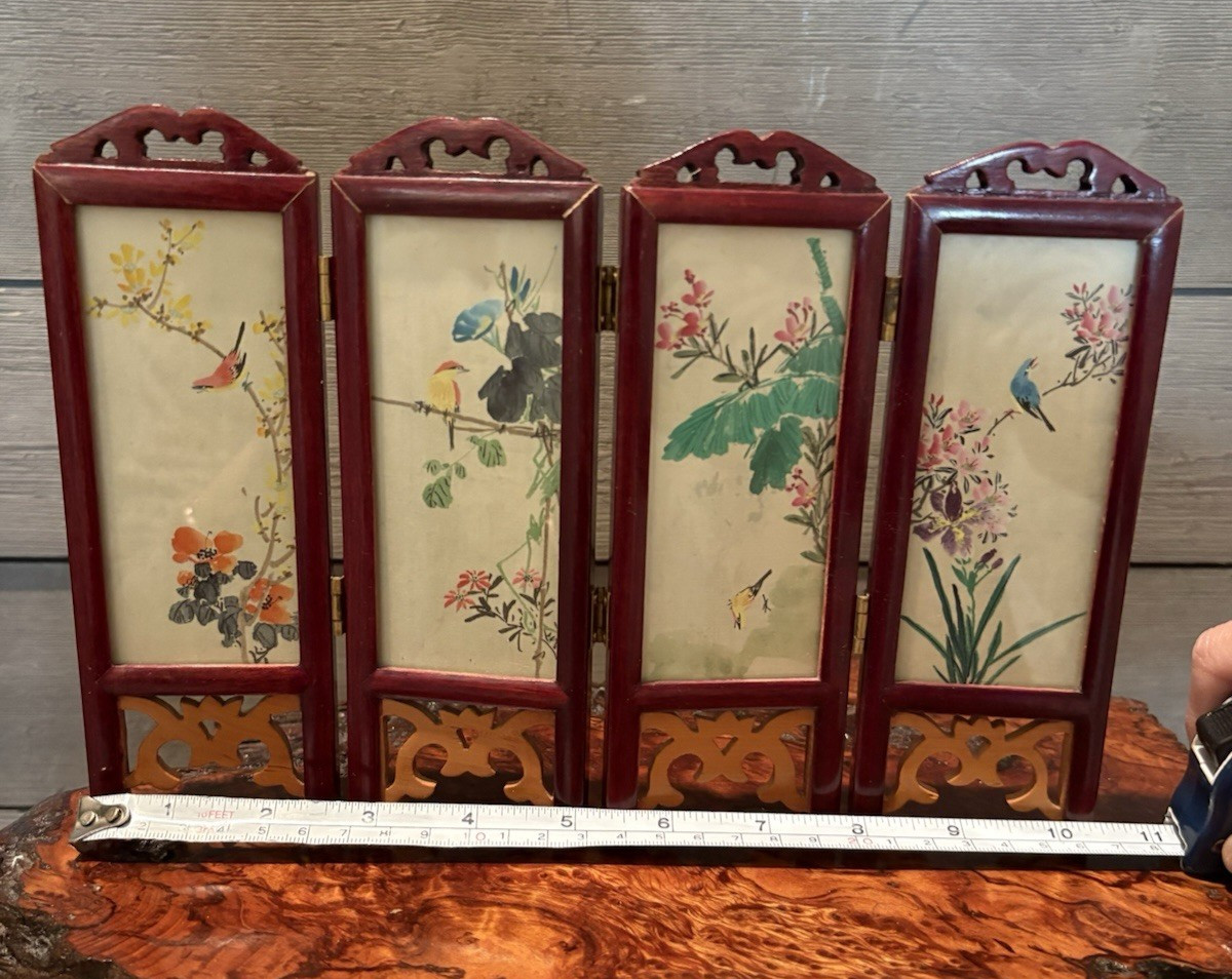 Vintage Chinese Oriental Mini Small Four Panel Table Screen Used