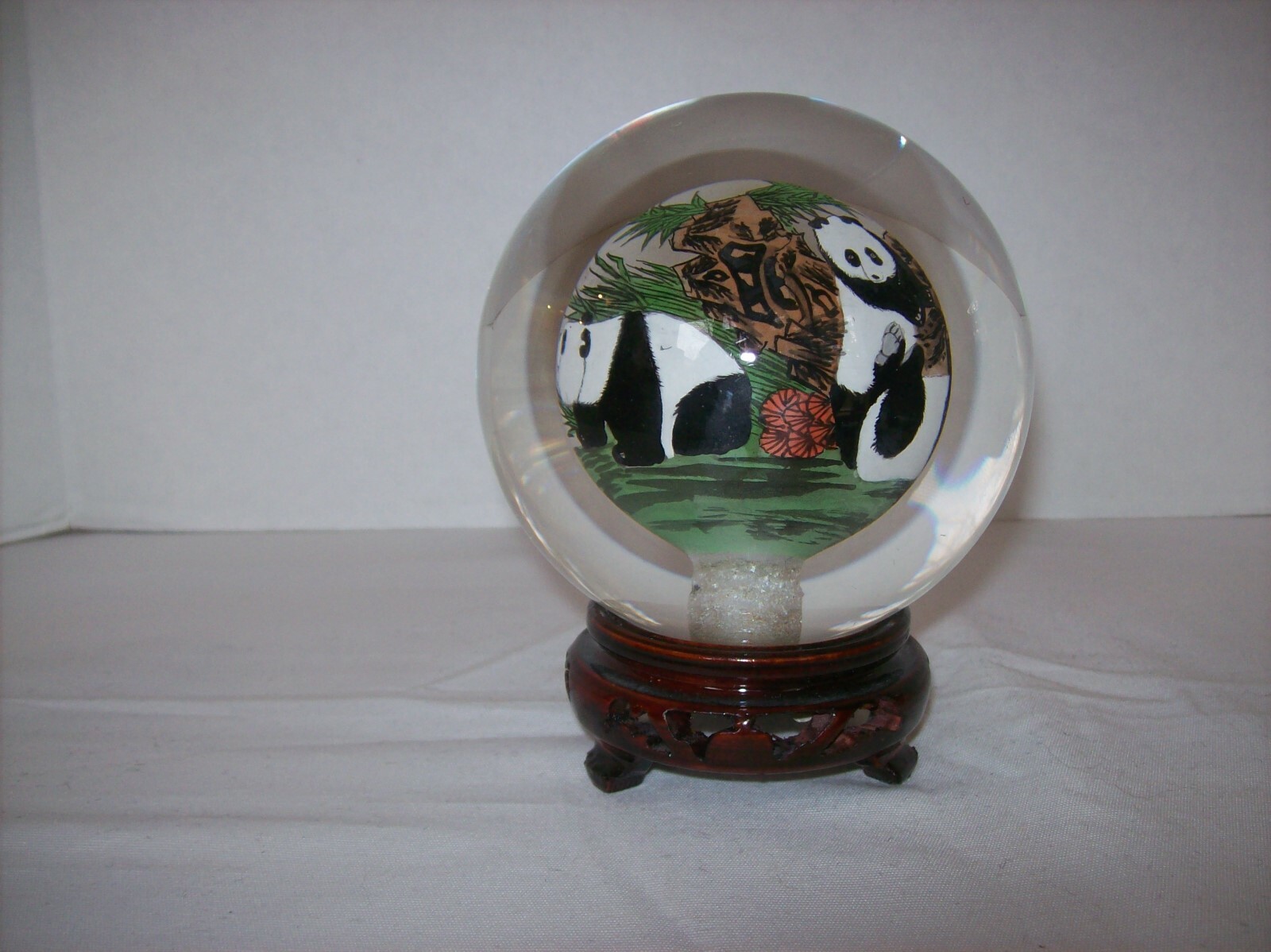 Asian Panda Bears Reverse Hand Painted Solid Glass Ball-Orb-Sphere-Globe w/Stand
