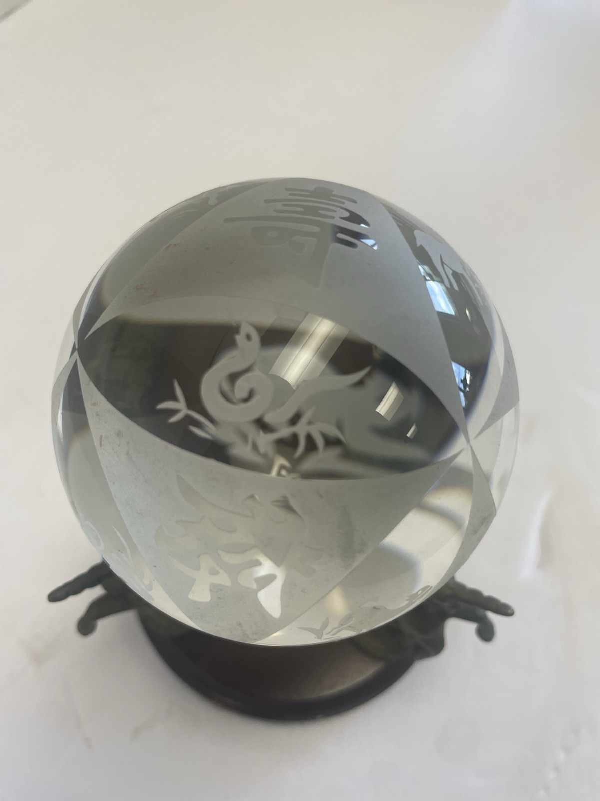 Chinese Zodiac New Year Etched Crystal Ball W Vintage Brass Unicorn Stand