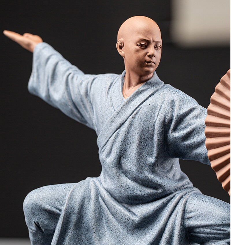 9.1″ Chinese Zen Figure Porcelain Monk Kong Fu Fan Statue Buddha Buddhism