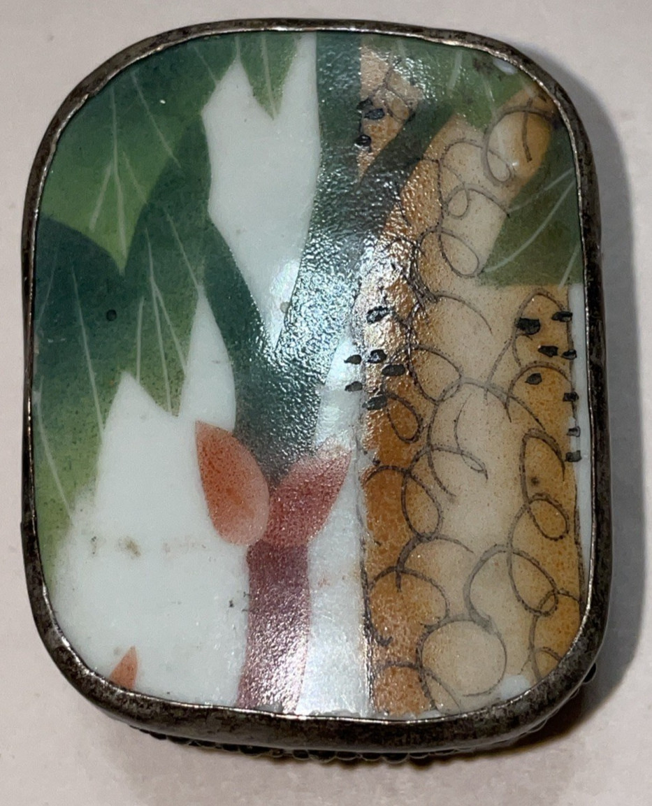 Vintage Chinese Asian Porcelain Shard Lid Metal Silver Trinket Box Ring Jewelry