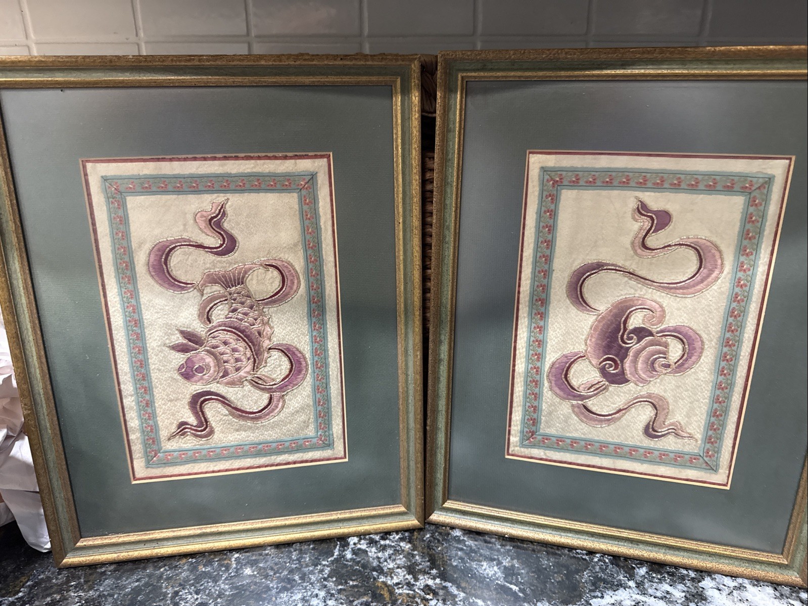 Antique Pair Of Chinese Silk Embroidery Panel Textile Tapestry Framed 11.5 X15
