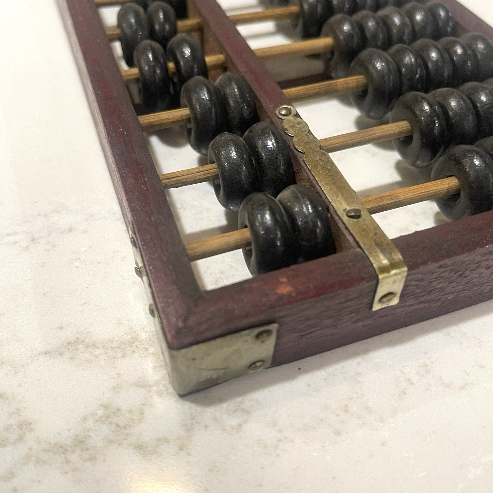 Vintage Abacus Brass Corners Chinese style Calculator Dark Wood 11 x 4.5 inch