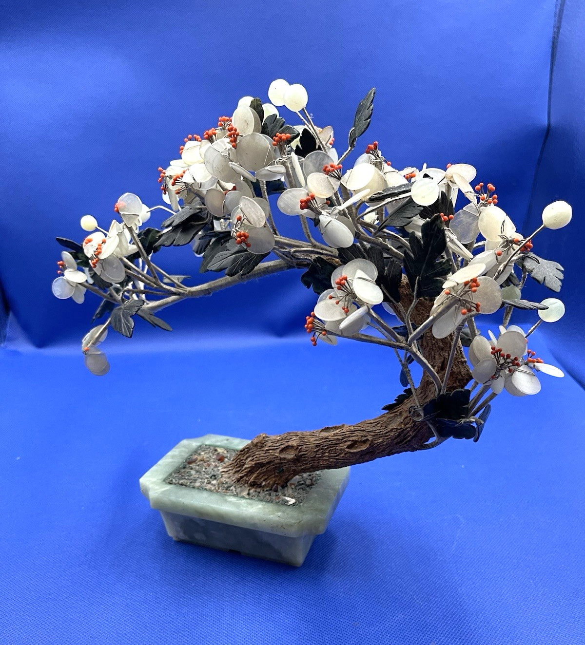 Vintage Large Chinese Jade Base Gemstone Flowers Bonsai Tree Sculpture 989