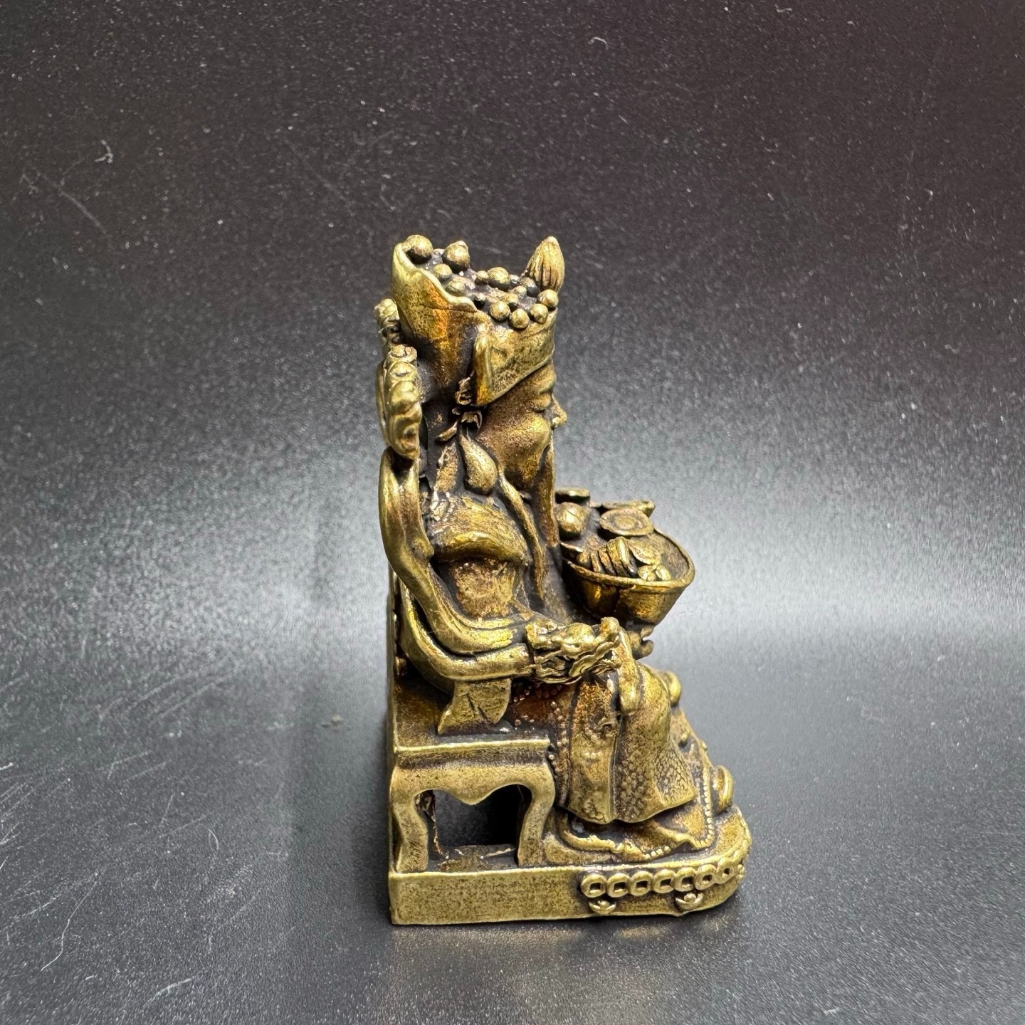 Vintage Brass God of Wealth Mini Statue Holding Gold Ingot Feng Shui Lucky Desk
